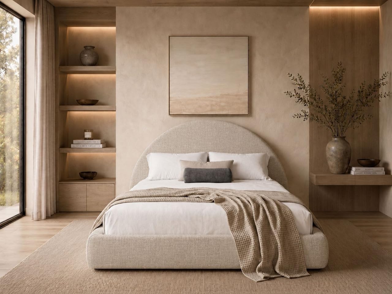 Cloud Frame Round Bed – Washable Zip Cover - Upholstered Linen Soft Foam - Modular Minimalist Modern - Half Circle Moon - Sold Sold Separately (Beige Linen, Queen Base)