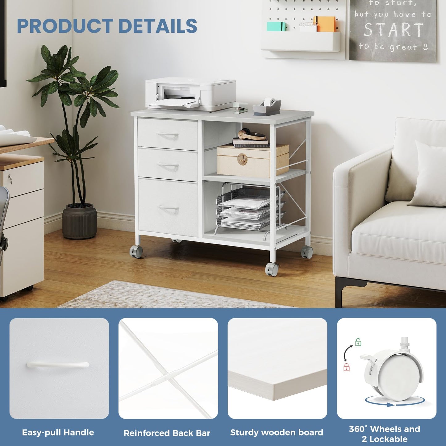 DUMOS 3 Drawer Mobile File Cabinet, Freestanding Fabric Lateral Filing Cabinet Fits A4/Letter Size, Space Saving Rolling Printer Stand with X-Frame and Open Storage Shelf for Home Office, White