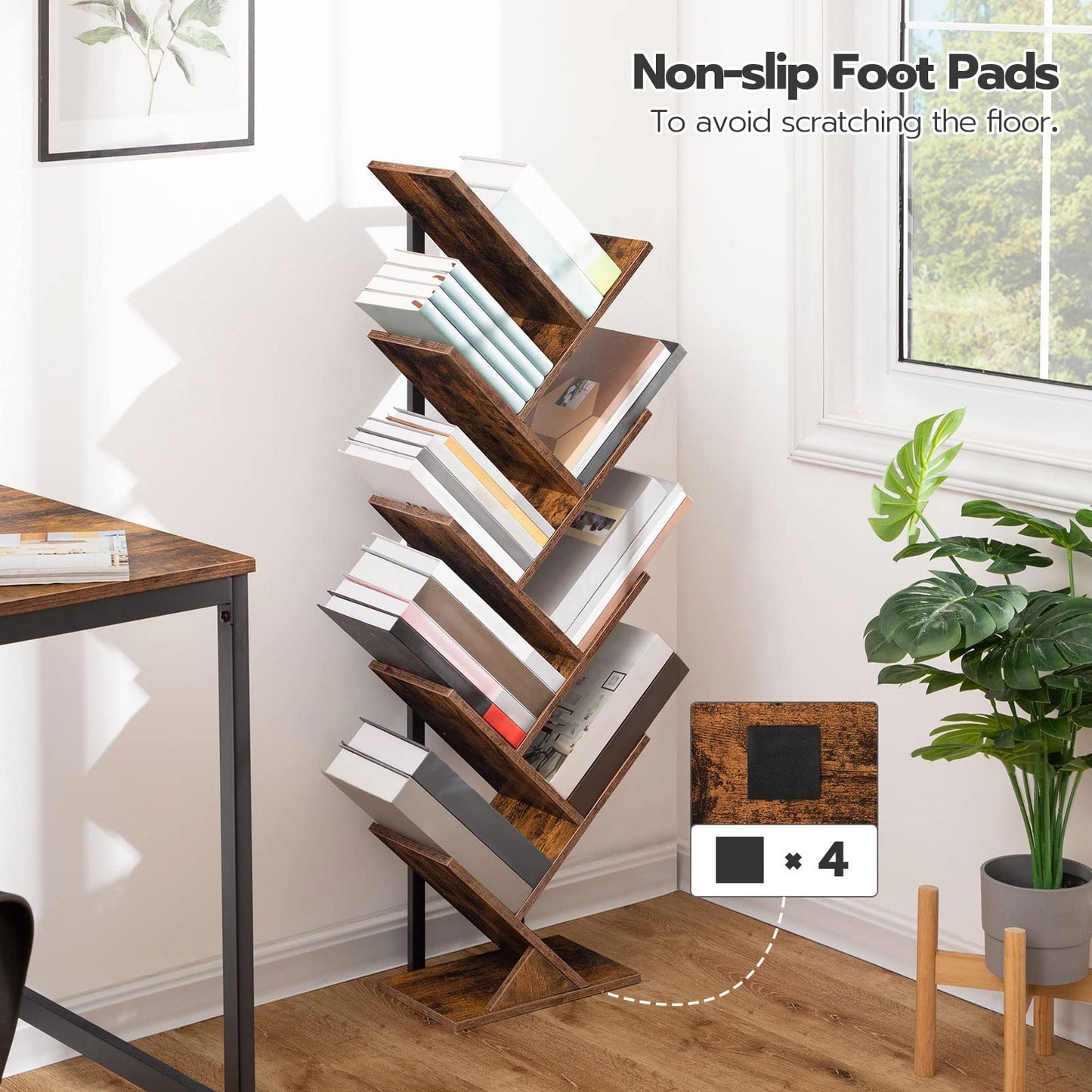 HOOBRO Tree Bookshelf and Computer Desk Bundle, 9-Tier Bookcase Wooden Shelves, Office Dsek with Monitor Stand, for Small Space, Study, Living Room, BF08SJ01G1-WH85UDN01