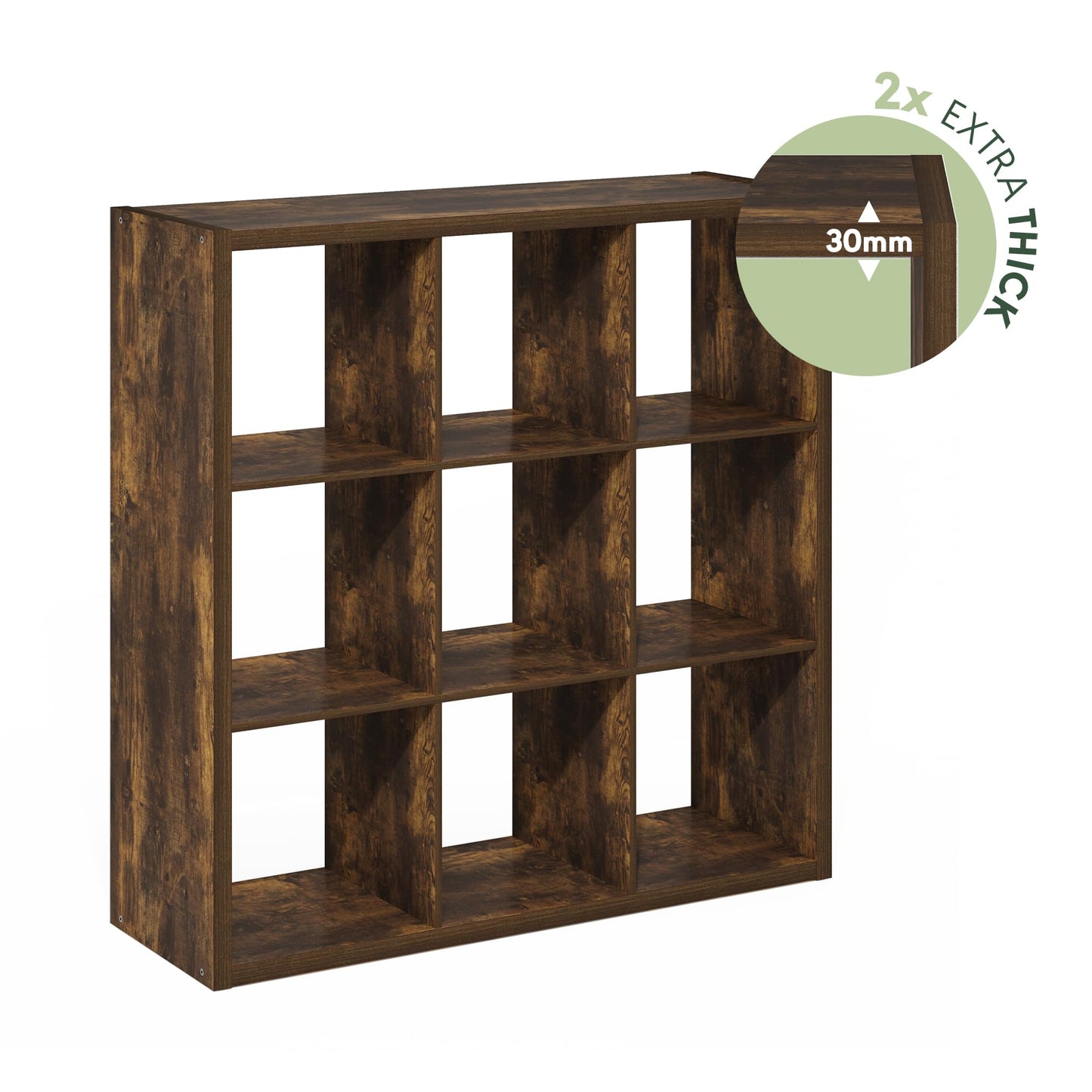 Furinno Cubicle Book Shelf, 9-Cube Bookshelf, Extra Thick Frame Reversible Bookcase with Open Back, 14.6" x 44" x 44", for Living Room, Bedroom, Home Office, Amber Pine