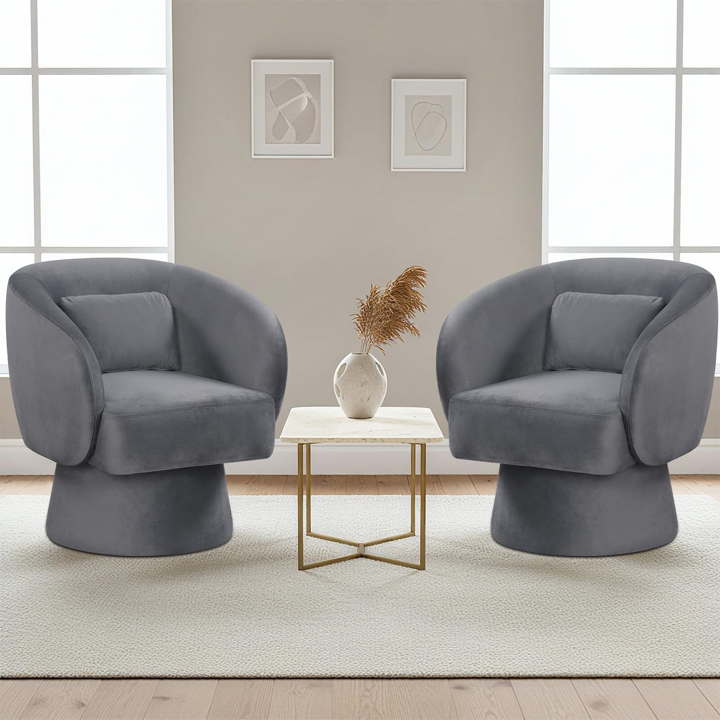 Giantex Swivel Accent Chair, Upholstered Barrel Chair with Curved Back & Removable Lumbar Pillow, Comfy Round Armchair with 360° Rotating Function, Single Sofa Chair for Living Room