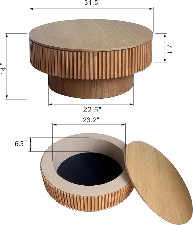 Round Fluted Coffee Table with Storage，31.5" Lift Top Center Table