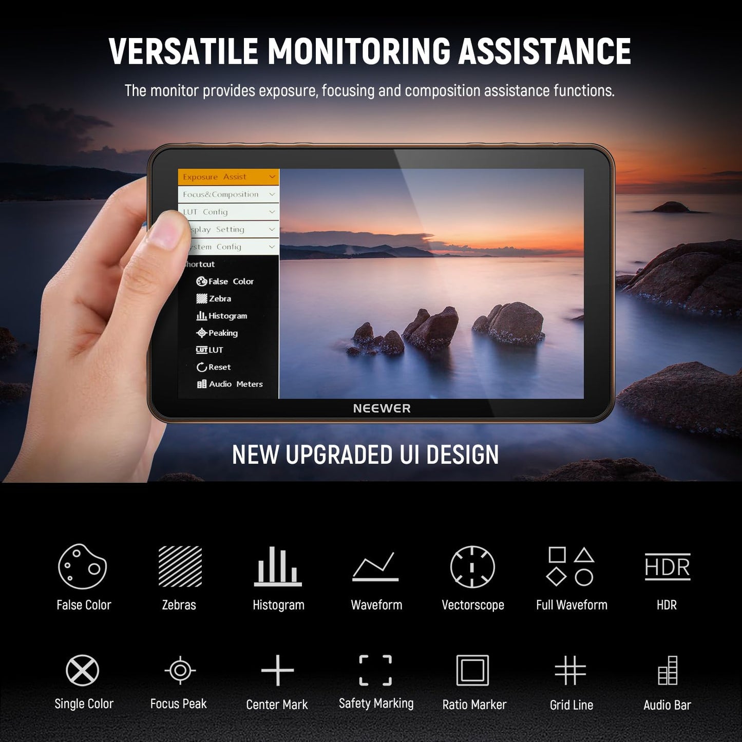 NEEWER F700 7" Camera Field Monitor, 2000nit HD 1920x1080 IPS Touch Screen with 3D LUT, 4K HDMI Loop in/Out with Peak Focus DSLR Video Assist HDR Waveform, Cold Shoe Mount, 5200mAh Battery & Cable