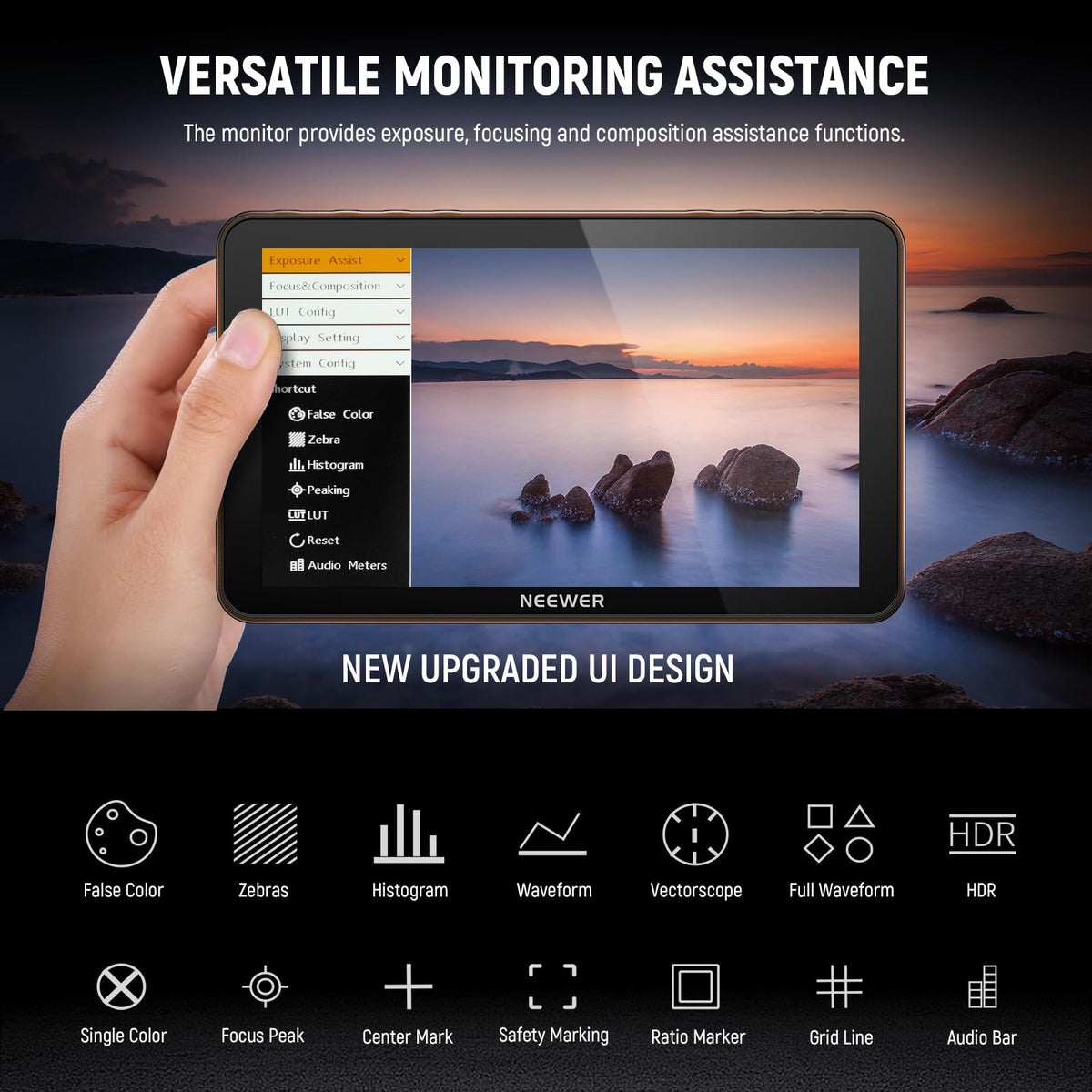 NEEWER F700 7" Camera Field Monitor, 2000nit HD 1920x1080 IPS Touch Screen 3D LUT, 4K HDMI Loop in/Out Peak Focus DSLR Video Assist HDR Waveform, Cold Shoe Mount, 2 NP-F750 Batteries, Cleaning Cloth