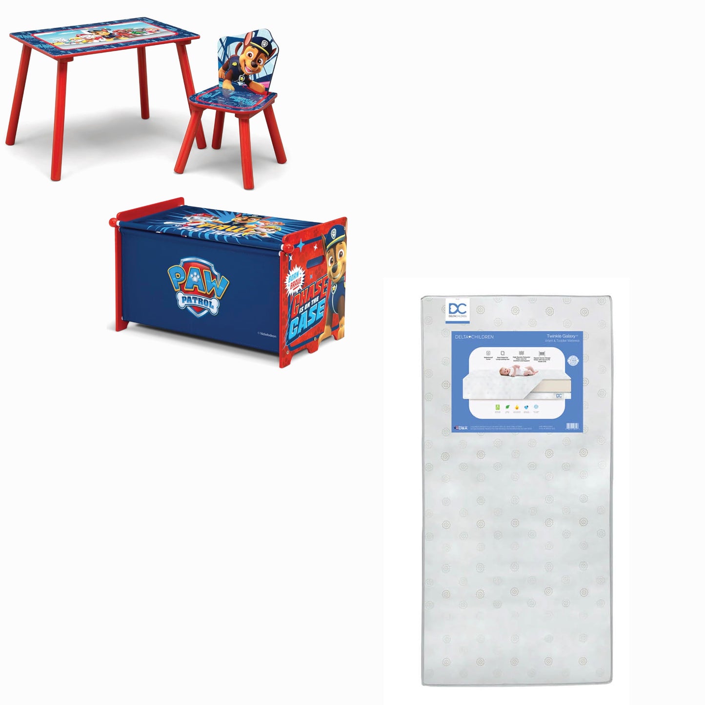 Delta Children - PAW Patrol 3-Piece Toddler Playroom Set + Twinkle Galaxy Dual Sided Fiber Core Crib and Toddler Mattress (Bundle)