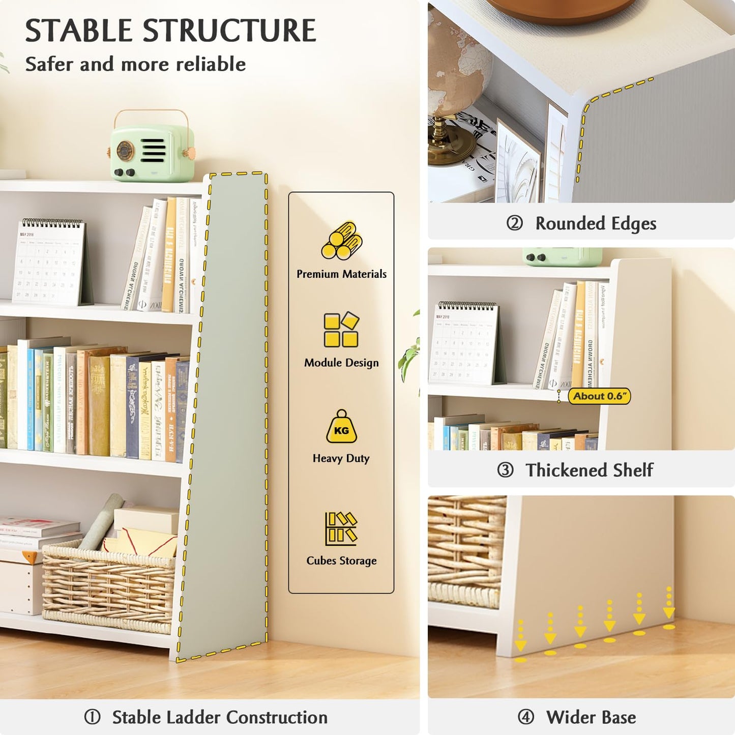 IOTXY Wooden Extendable Shelf Bookcase - 3-Tier Ladder Low Short Bookshelf for Small Space or Corner, Black, L