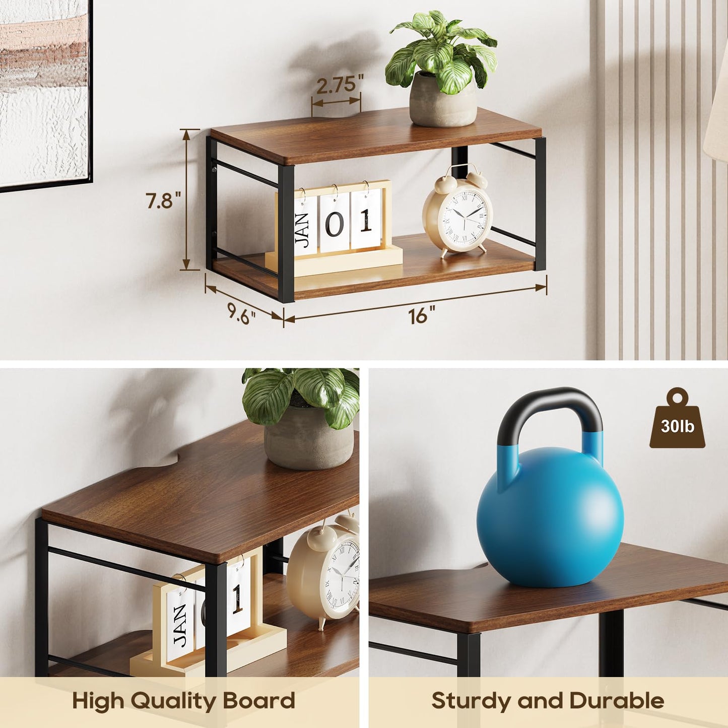 NANAGIFTREE Floating Nightstand, Wood Bedside Shelf Wall Mounted Nightstand, Floating Bedside Table Wall Shelf for Bedroom, Living Room, Bathroom, Kitchen, Office (Vintage Brown)