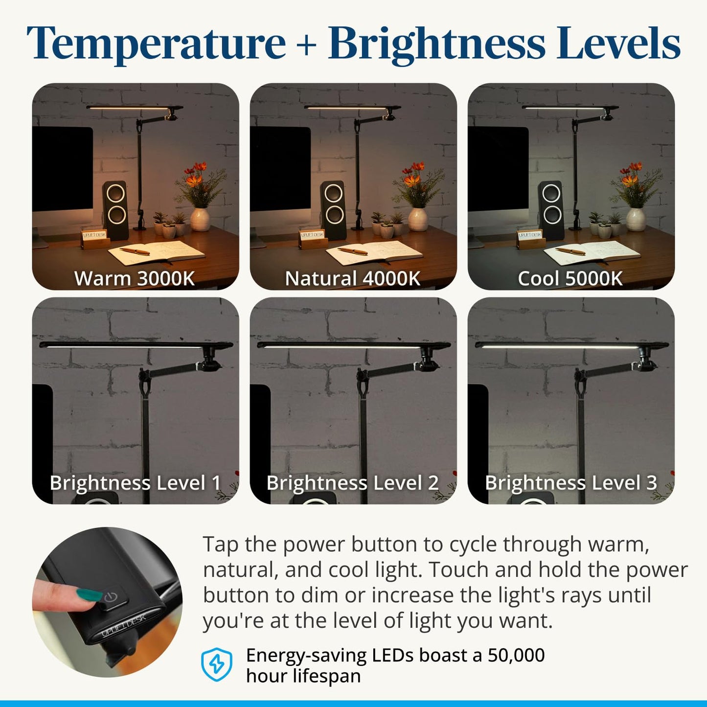 UPLIFT DESK E7 LED Desk Lamp - Adjustable 3 Color Modes, Dimmable Home Office Desk Light for Standing Desk, Dual Monitors, Aluminum Task Lamp (Silver Base)