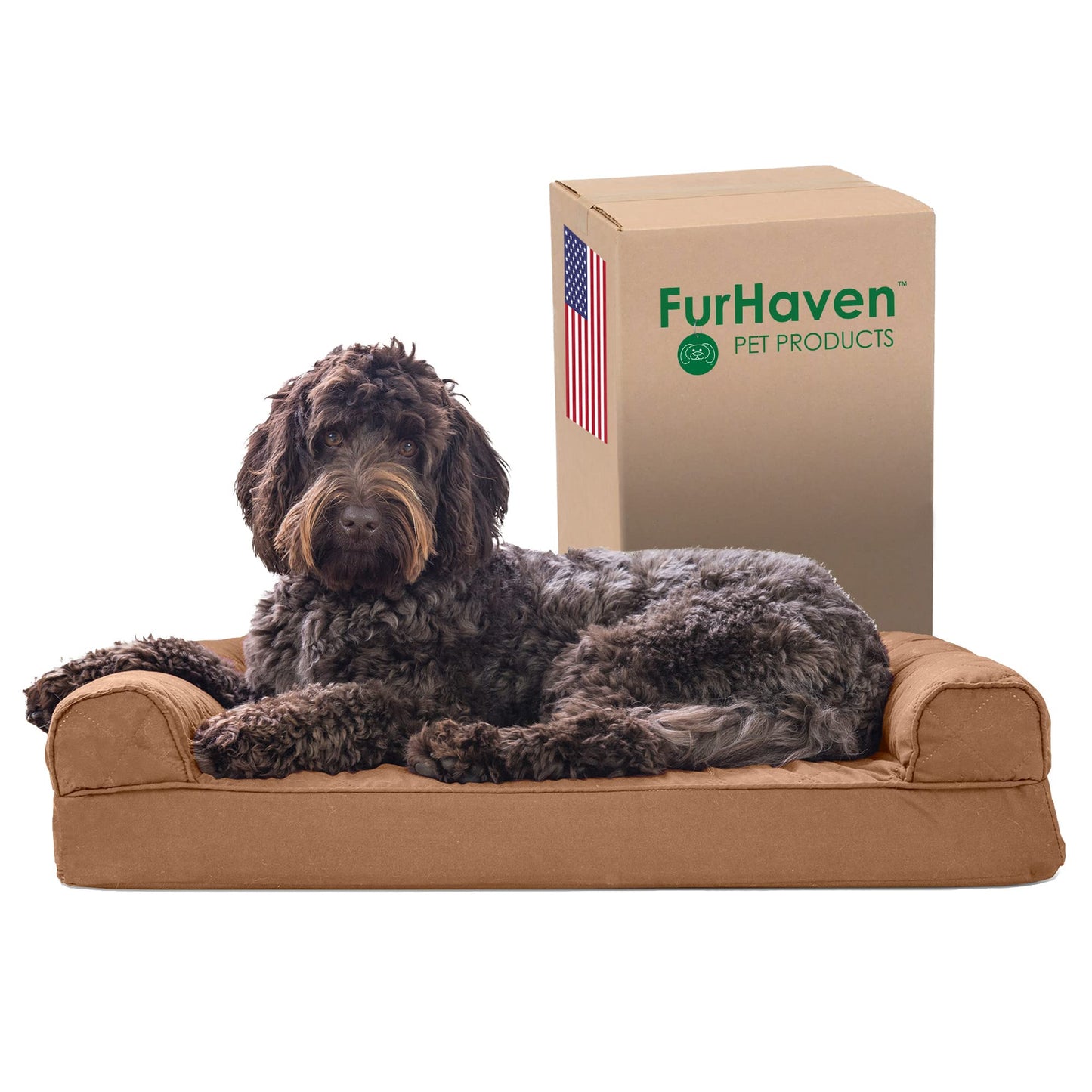 Furhaven Memory Foam Dog Bed for Medium/Small Dogs w/ Removable Bolsters & Washable Cover, For Dogs Up to 35 lbs - Quilted Sofa - Toasted Brown, Medium