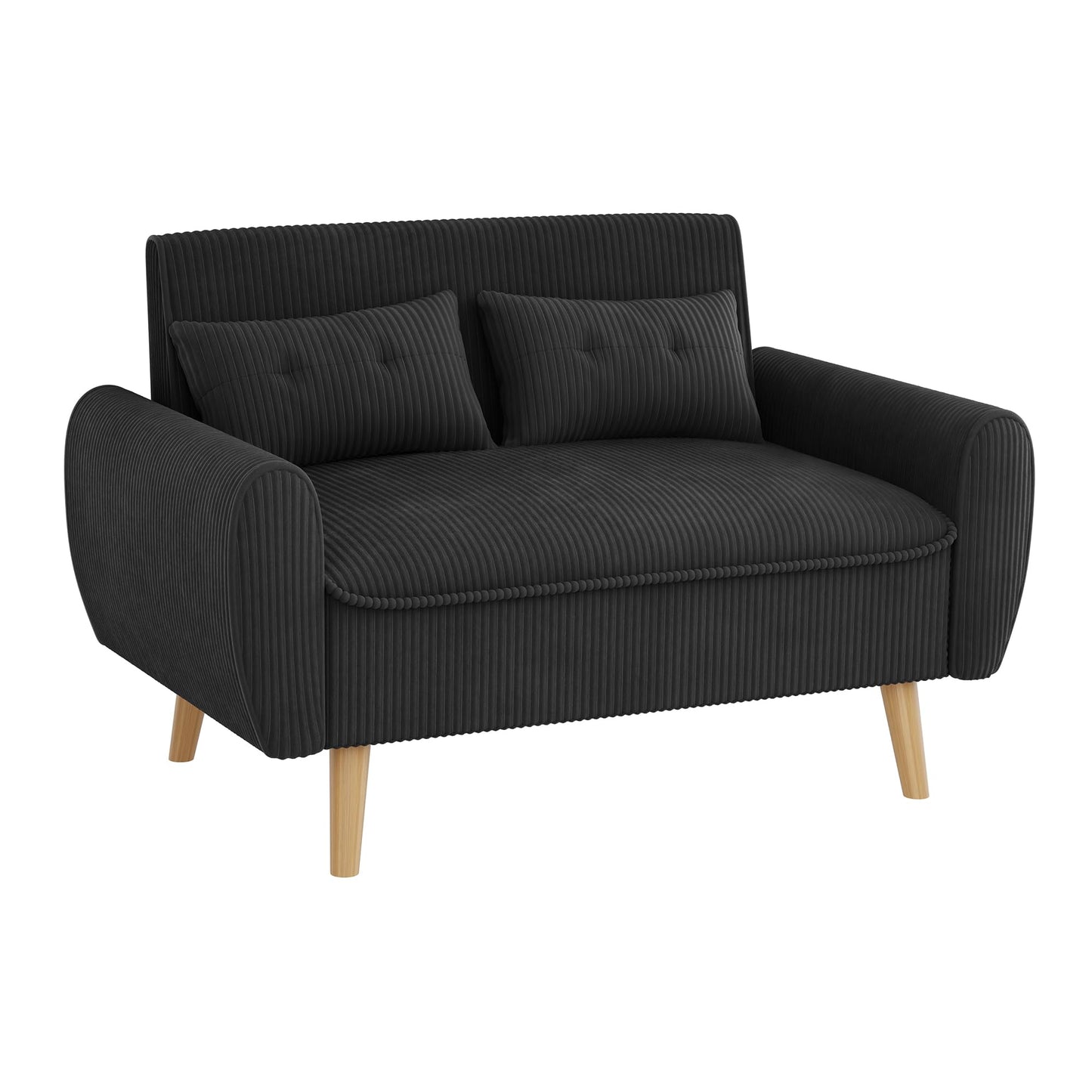Shintenchi 48'' Loveseat Sofa, Mid-Century Modern Upholstered Couch Deep Seat with 2 Pillows, 10" Thick Cushion with Spring, Solid Wood Frame Small Couch for Living Room, Dorms & Office, Black