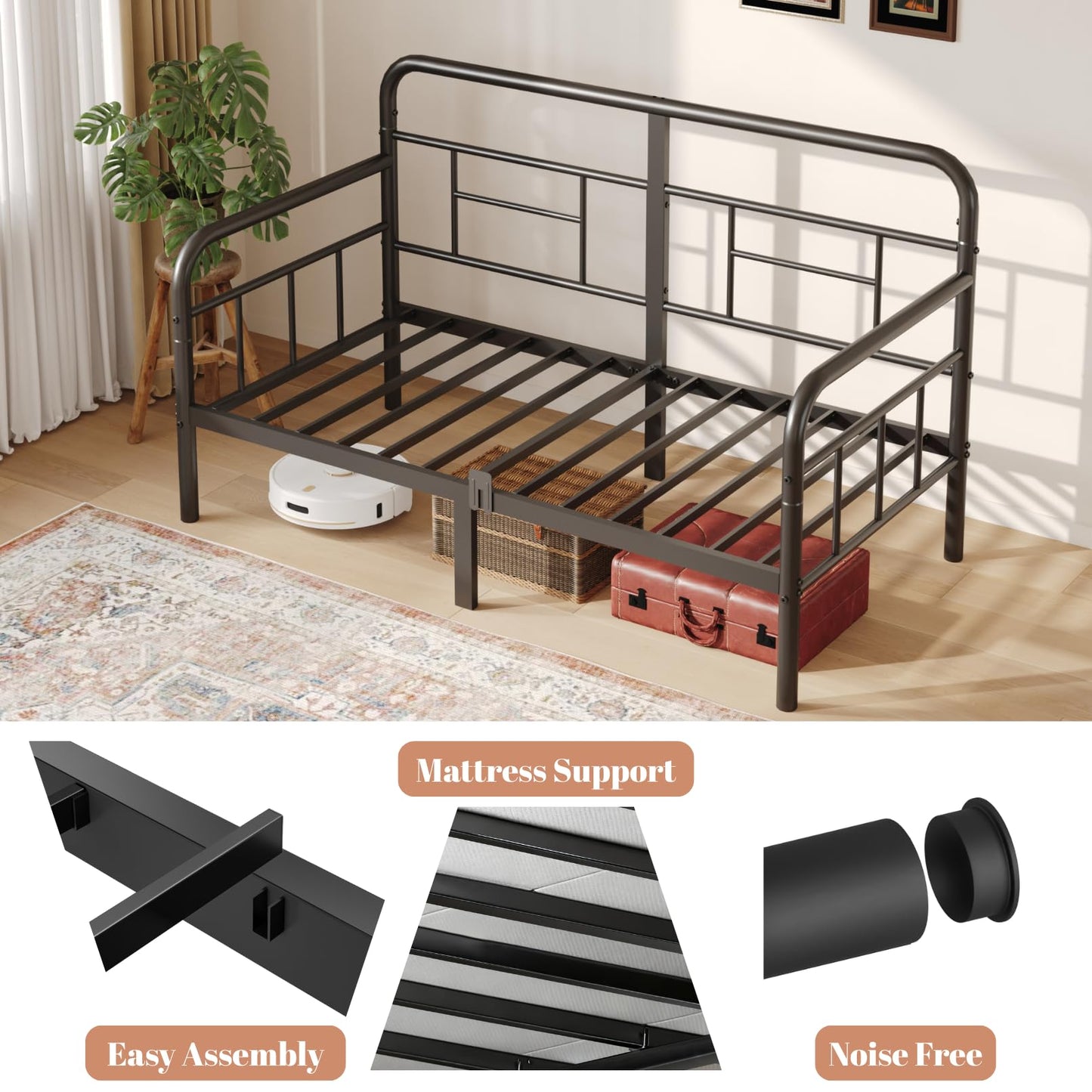 Yumenonaka Twin Daybed,Metal Sofa Day Bed Frame,Steel Slats Support for Bedroom Guest Room,Easy Assembly,Sturdy,Anti-Slip,Storage Space Bed Furniture,with Modern Headboard,Black