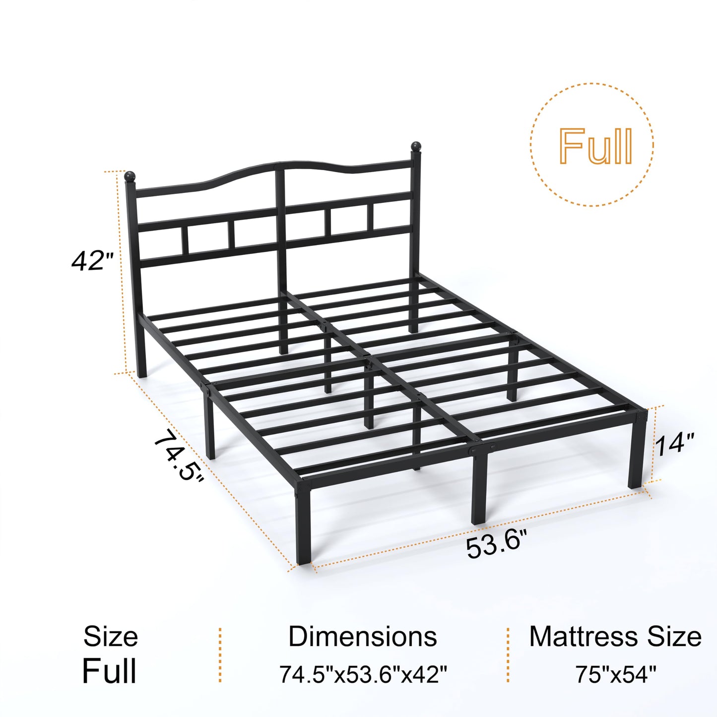 Snaye 14 Inch Full Size Bed Frame with Headboard, Heavy Duty Metal Platform Bed Frame Full Size Mattress Foundation with Sturdy Steel Slats, Easy Assembly Noise Free