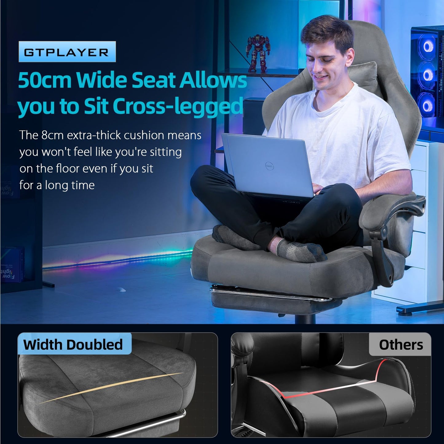 GTPLAYER Gaming Chair Fabric with Pocket Spring Cushion, Big and Tall Gamings Chairs 350LBS High Back Computer Chair with Footrest for Adults Lumbar Support Swivel Game Chair for Office Dark Grey