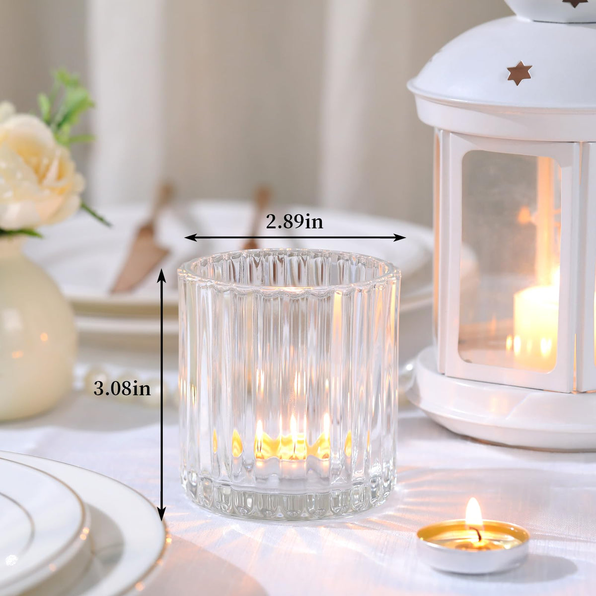 Lanttu 8 Pcs Glass Large Votive Candle Holders, 2.89 * 3.08in Tea Lights Candle Holders for Wedding Table Centerpieces, Boho Home Dinner Birthday Party Decor, Bridal Shower Holiday Decorations