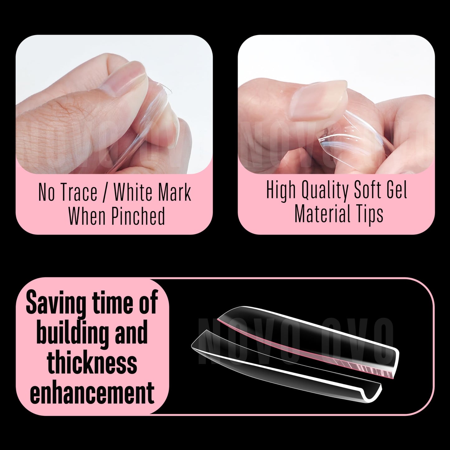 NOVO OVO Long Square Nail Tips SCULPTED (Not NATURAL) for Curved Nail Beds, Extra Thick L Length False Nails Press on, Full Cover Soft Gel Fake Nail Extension, Salon DIY x 15 Sizes 450 pcs