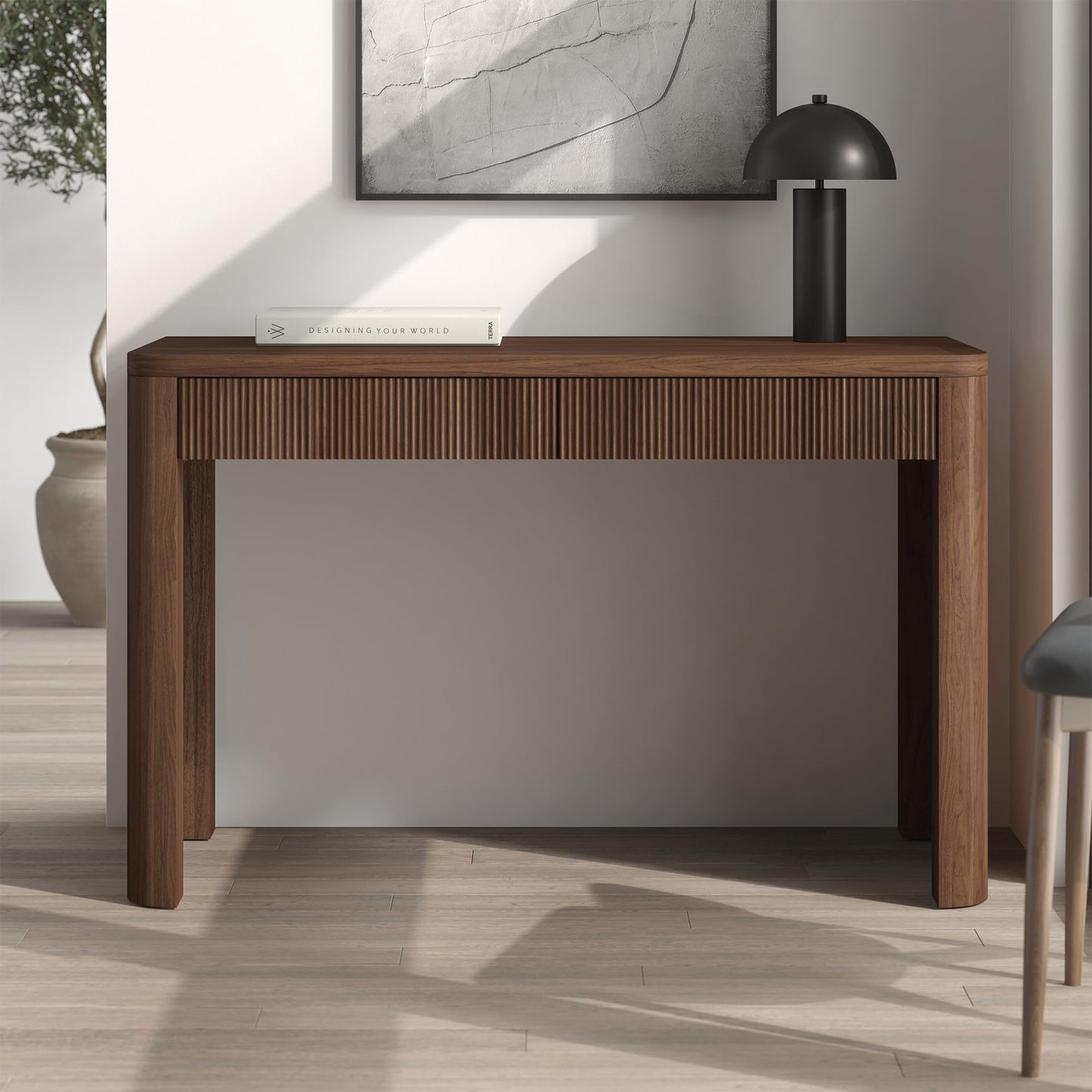 Henn&Hart 48'' Fluted Modern Rectangular Home Office Desk, Ribbed Computer Desk, Writing Table with 2 Drawers for Home Office, Medium Walnut