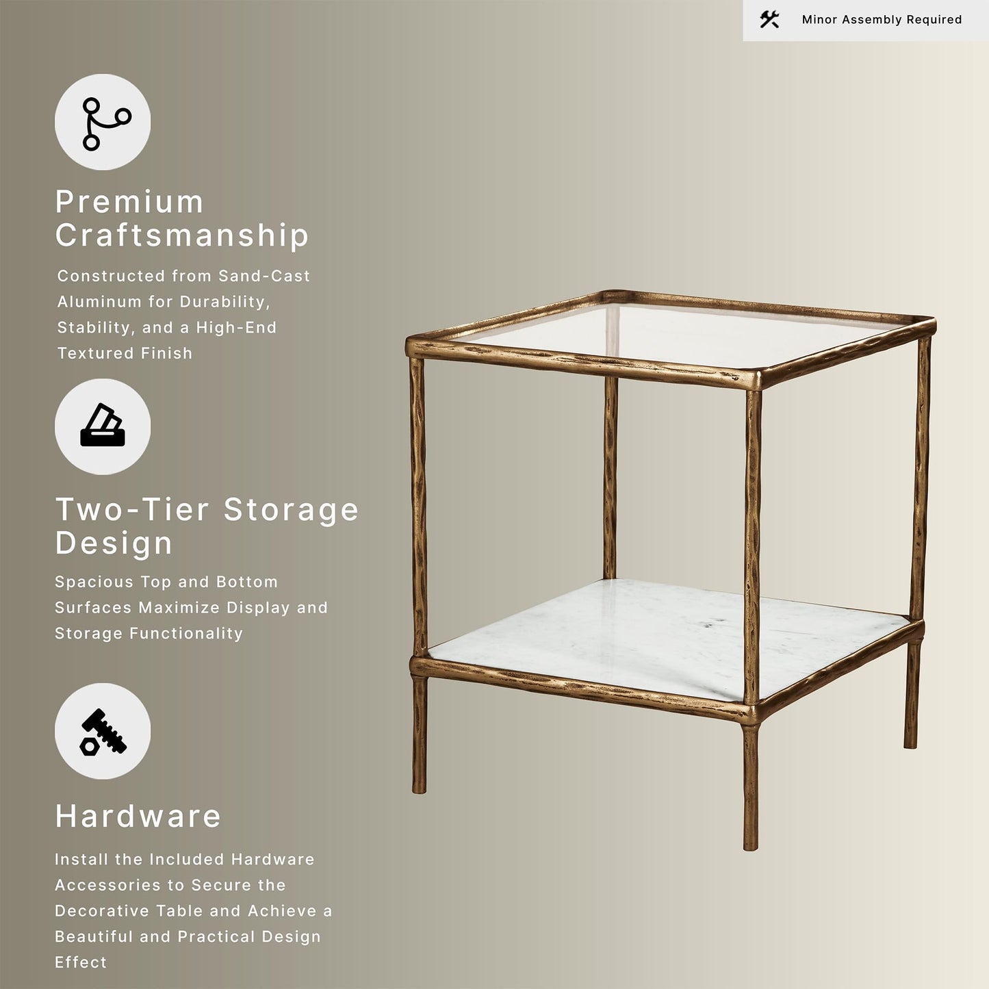 Signature Design by Ashley Ryandale Square Accent Table for Living Room, Sand‑Casted Aluminum Frame With Brass Finish, Glass Top and White Marble Shelf, 21" Size