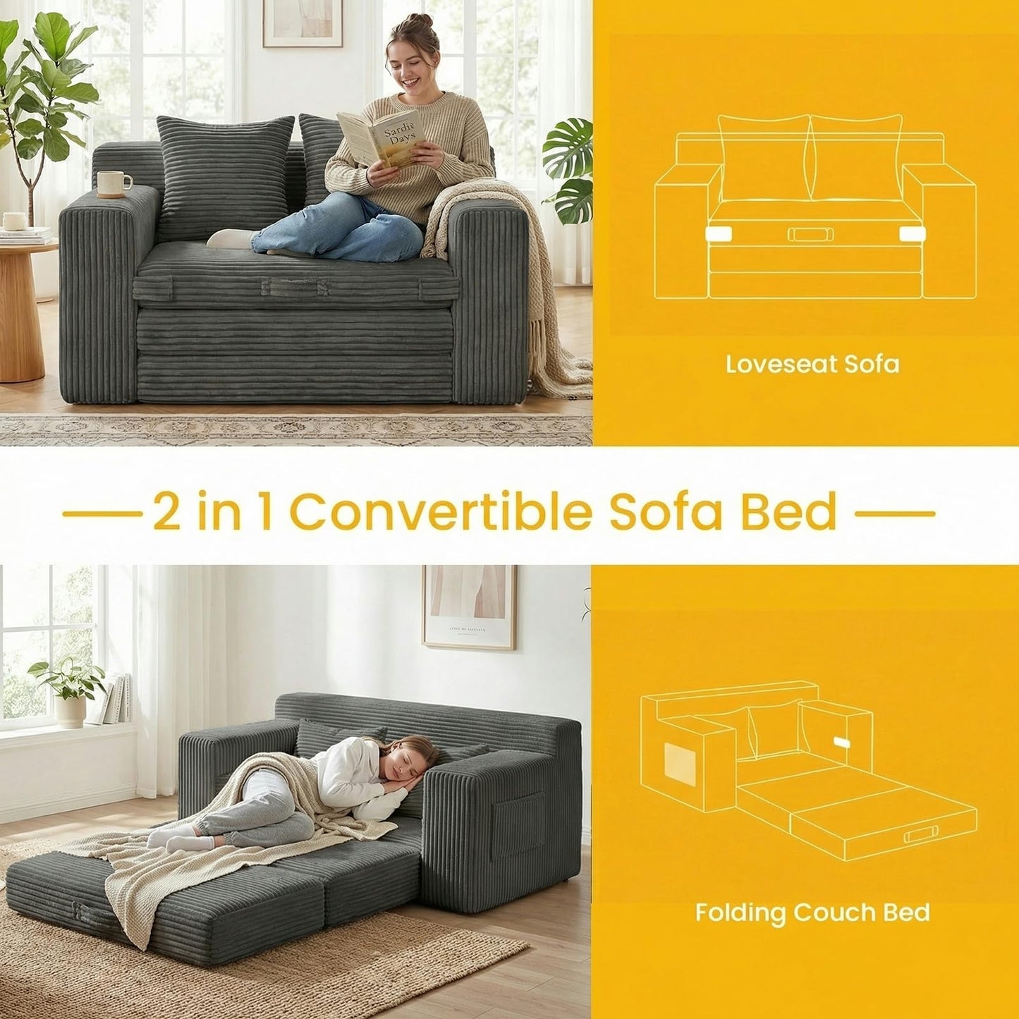 Boneless Couch,Boneless Loveseat Sleeper Sofa Bed – 3-in-1 Convertible Couch Bed with Side Pockets & Handle,Pull Out Corduroy Futon for Small Space,Living Room & Bedroom,2 Pillows Included,No Assembly