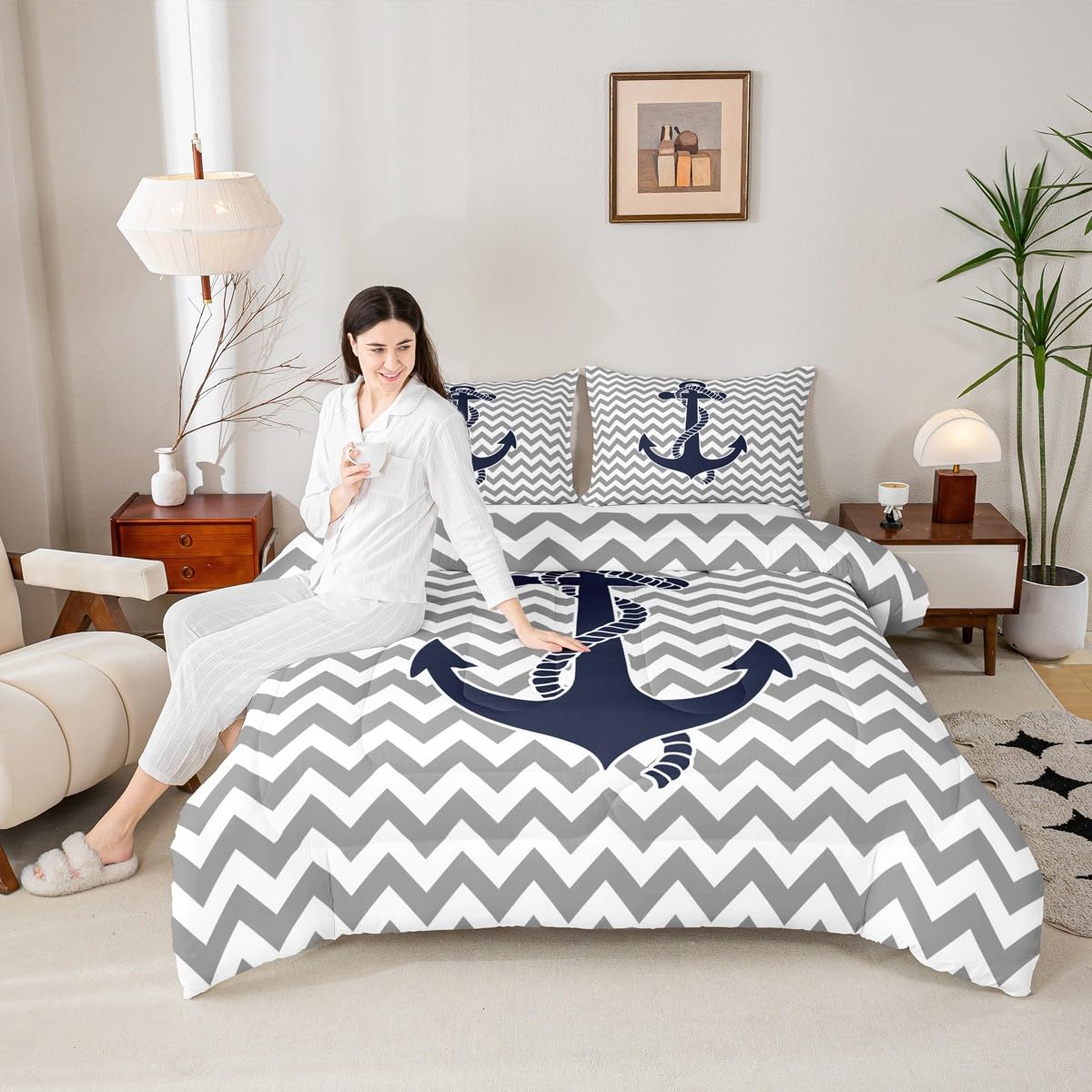 Castle Fairy Nautical Anchor Comforter Set Twin Size,Geometric Gray Stripe Bedding Set 2pcs for Kids Teens Adults Room Decor,Ocean Adventure Themed Quilt Set Modern Abstract Duvet Insert,1 Pillowcase