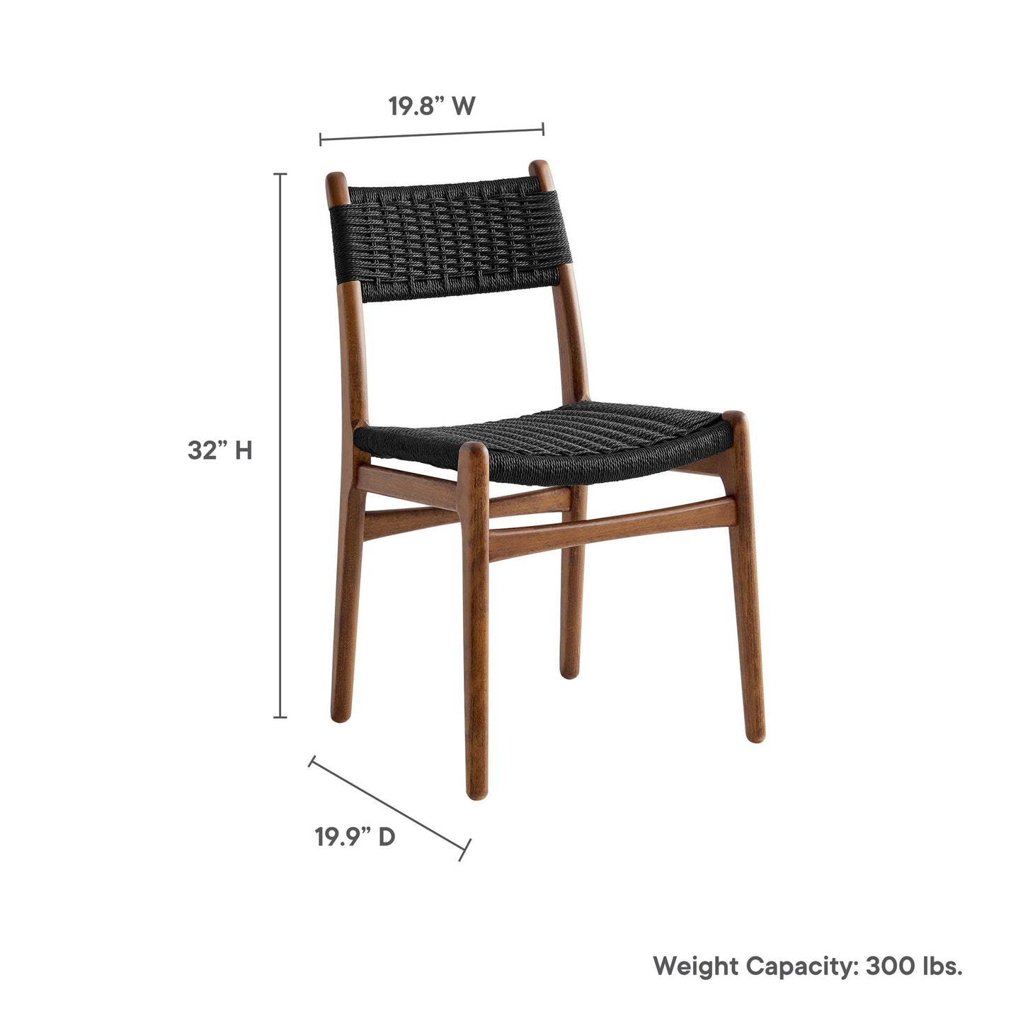 Modway Wynn Wood and Rope Dining Side Chairs Set of 2 in Walnut Black - Armless Kitchen Table Chairs - Modern Mid-Century Accent Chairs for Living Room, Reception Area, Office