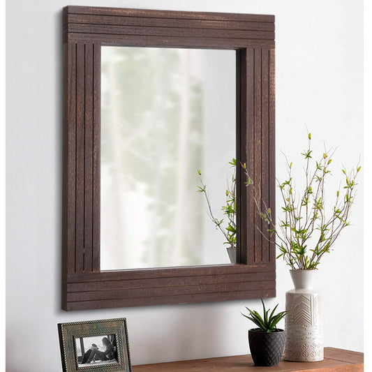 Wood Wall Mirror Rectangular Framed Rustic Vintage Mirrors Decor Farmhouse Bedroom Bathroom Mirror for Dressing Table Entrance Large 26"x18" Brown