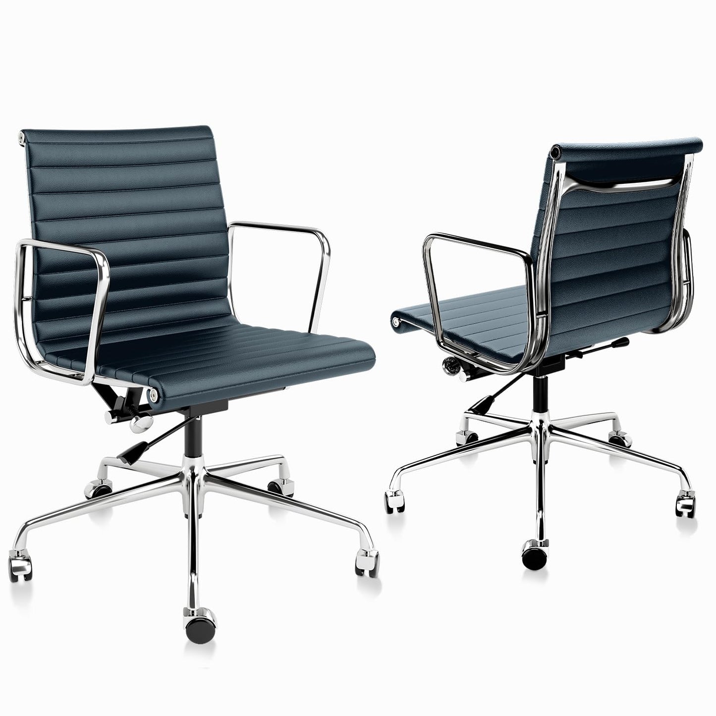 OTDMEL Ribbed Office Chair with Top Grain Leather - Mid Back Ergonomic Desk Chair with Aluminum Arms & Frame, Swivel Wheels & Tilt Function, Adjustable Height Dark Blue