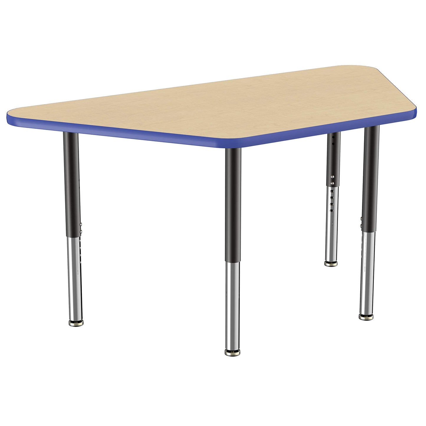 FDP Mobile Trapezoid Activity School and Office Table (30 x 60 inch), Super Legs with Glides and Casters for Collaborative Environments, Adjustable Height 19-30 inches - Maple Top and Blue Edge