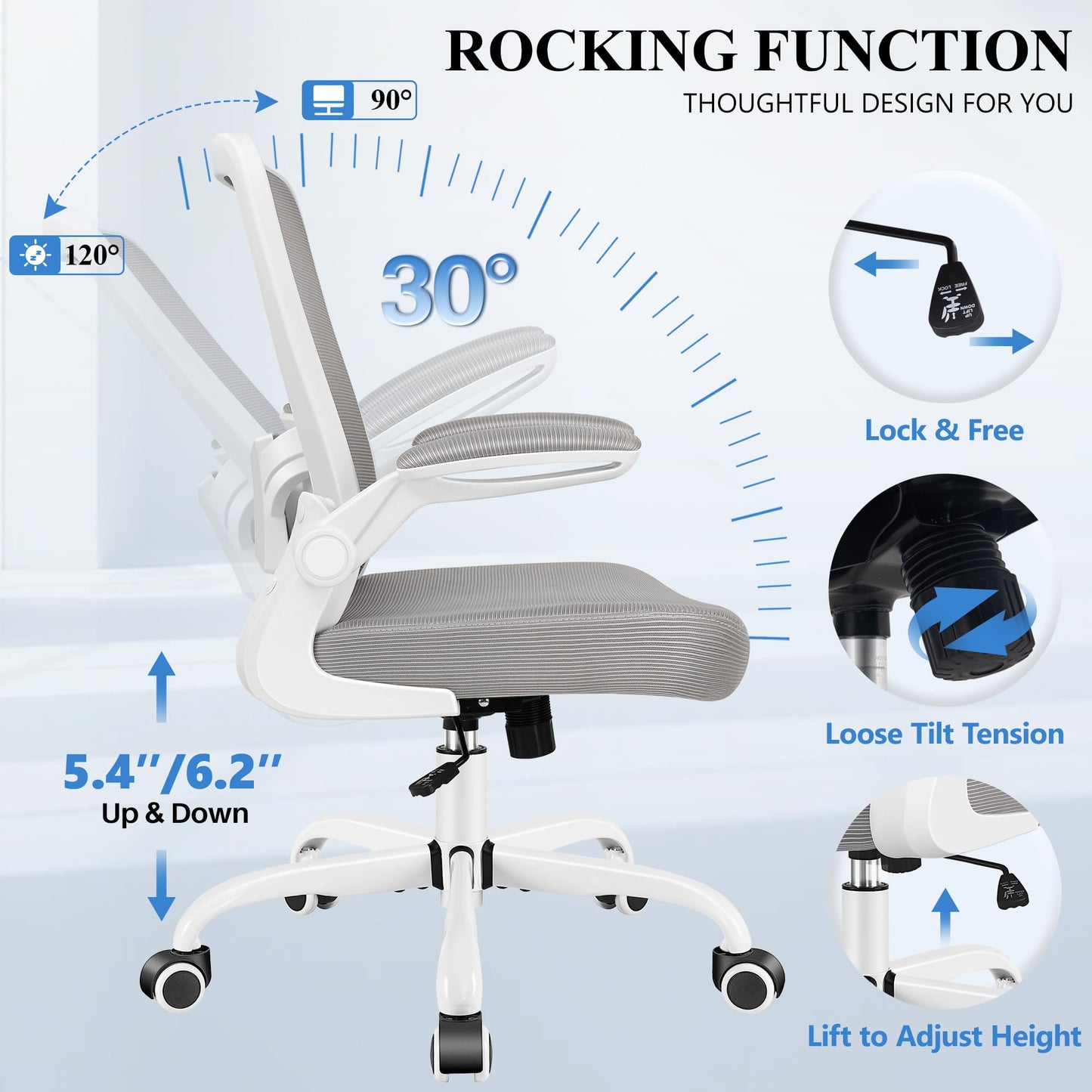 FelixKing Office Chair, Ergonomic Desk Chair Breathable Mesh Chairs Adjustable High Back Lumbar Support Flip-up Armrests, Executive Rolling Swivel Comfy Computer Chairs Home Office Gray