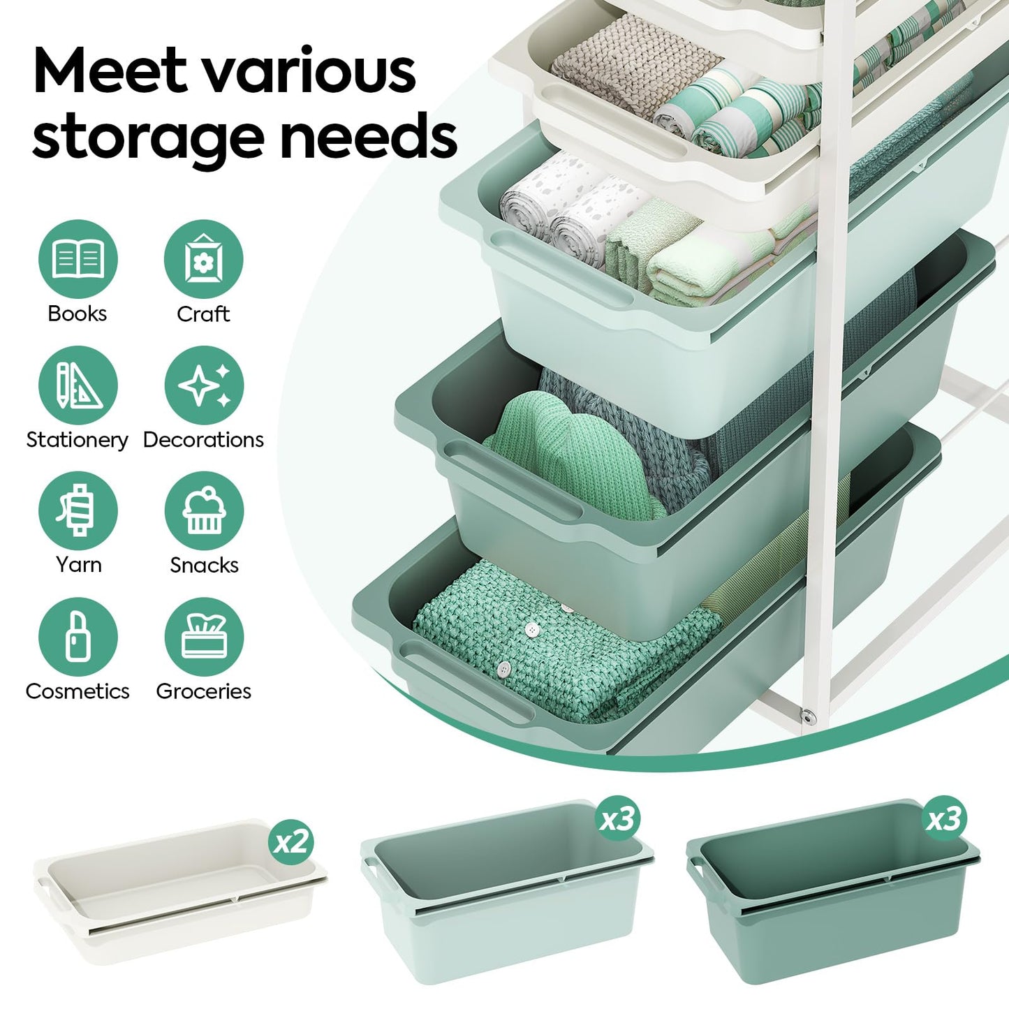 Rolling Storage Cart with 5 Drawers, Craft Organizer, Wooden Tabletop Utility Cart for Bedroom, Children's Room and Office Organization, Table Side Trolley with Lockable Wheels, Green