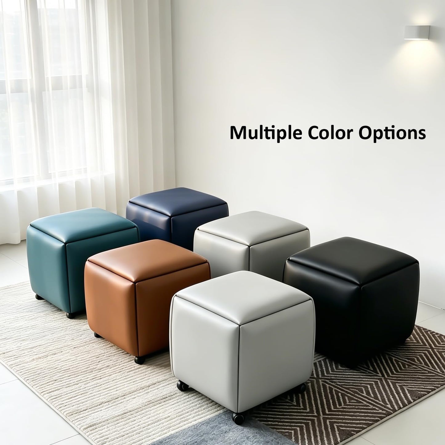 LUGSHIREE 5 in 1 Nesting Ottoman Cube Chair, Stackable Stools, Leather Square Ottoman Bench, Foot Stool with Wheels for Living Room,Dining Room 15.75x15.75x16.54 inches