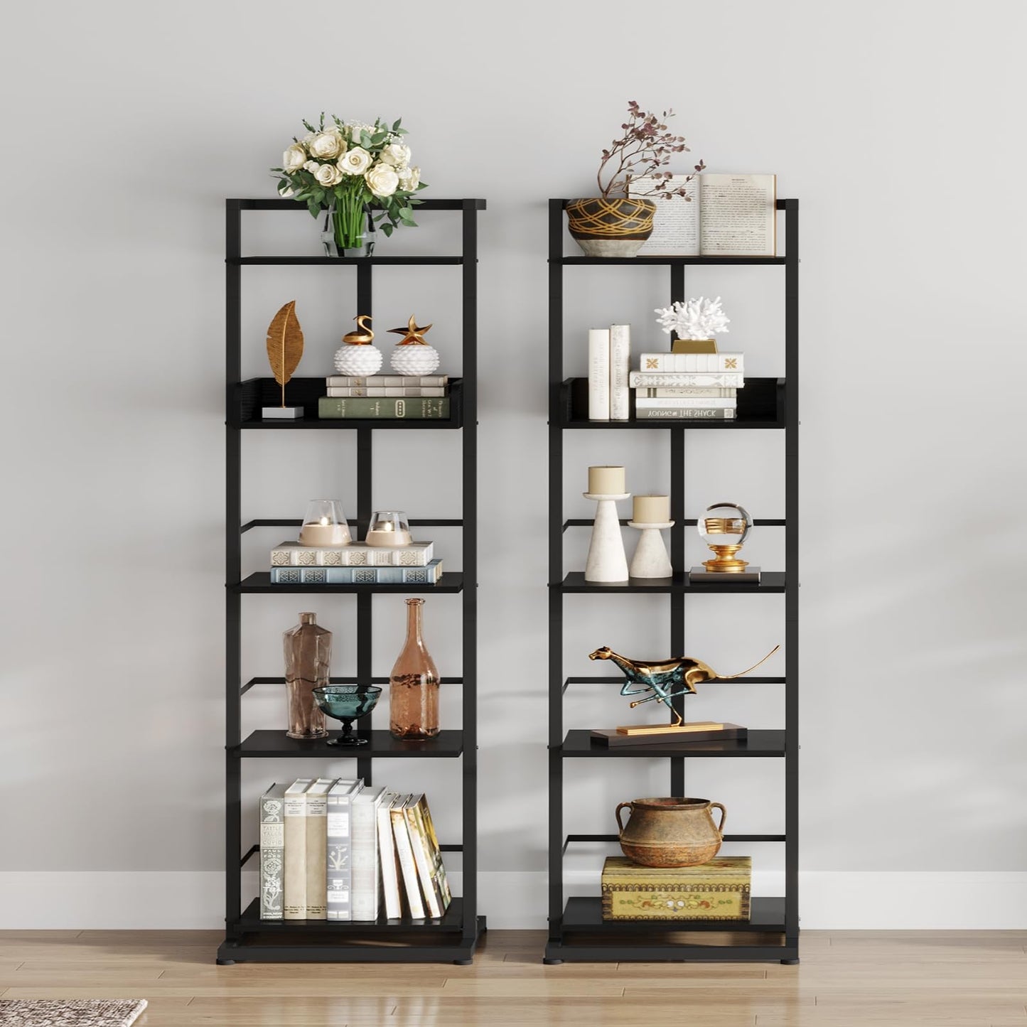 Hosfais Book Shelf Tall Bookshelf: 5 Tier Wood Bookcase with Metal Edge Protection Industrial Narrow Bookshelf Corner Storage Organizer Display Book Rack for Living Room Bedroom Home Office (Black)
