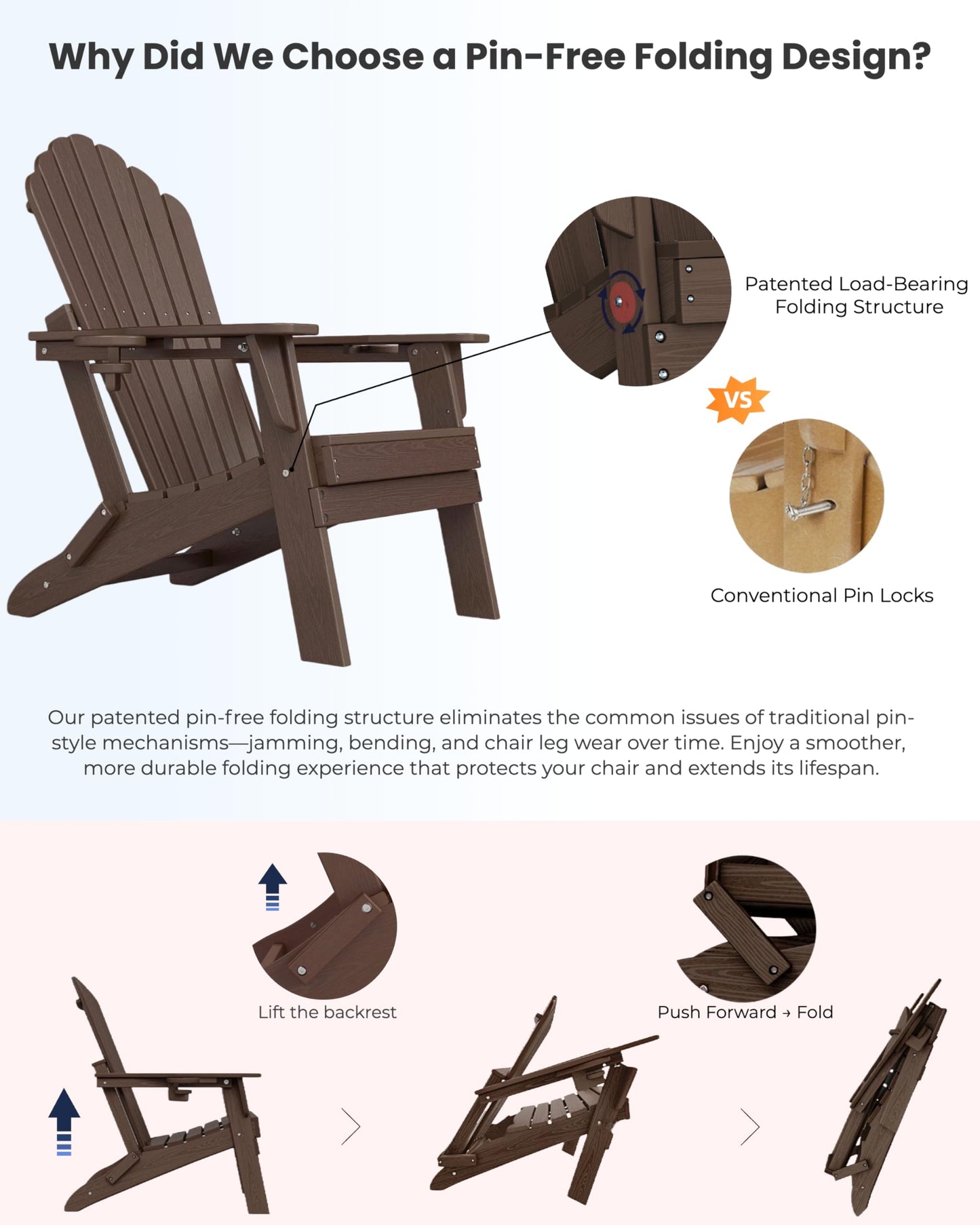 Folding Adirondack Chair with Dual Cup Holders, Ergonomic High Back HDPE Fire Pit Chair, 380lbs Capacity All-Weather Outdoor Patio Lounge Chair for Garden, Deck, Yard - Coffee