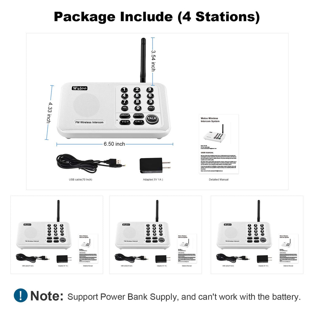 Wuloo Intercoms Wireless for Home 5280 Feet Range 10 Channel 3 Code, Wireless Intercom System for Home House Business Office, Room to Room Intercom, Home Communication System (4 Units Set, White)