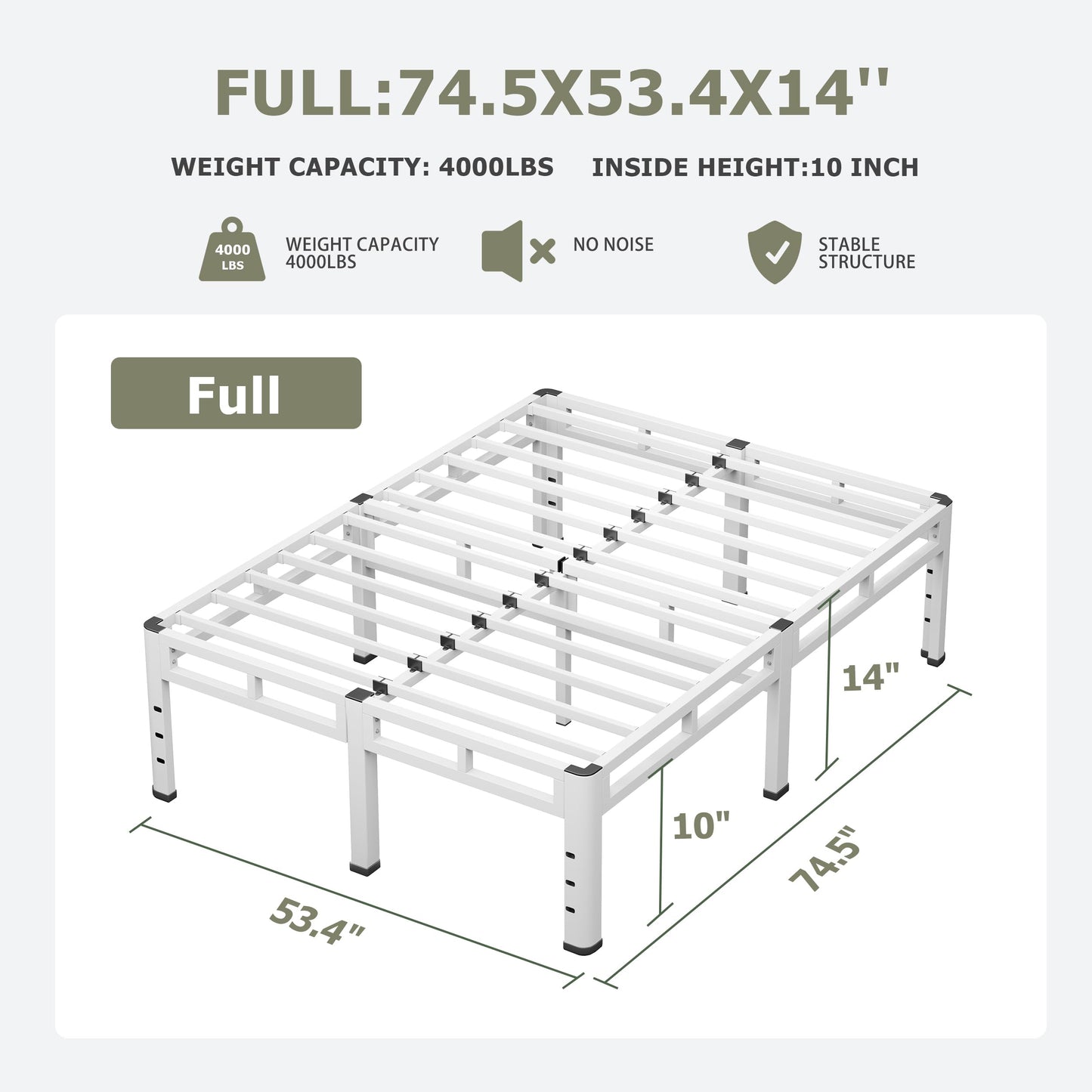 NKZ Full Size Bed Frame 14 Inch, Metal Bed Frame & Box Spring 2 in 1 Platform with Round Corner Legs, 4000lbs Weight Capacity Reinforced Metal Frame, Headboard Hole, Noise-Free, Easy Assembly
