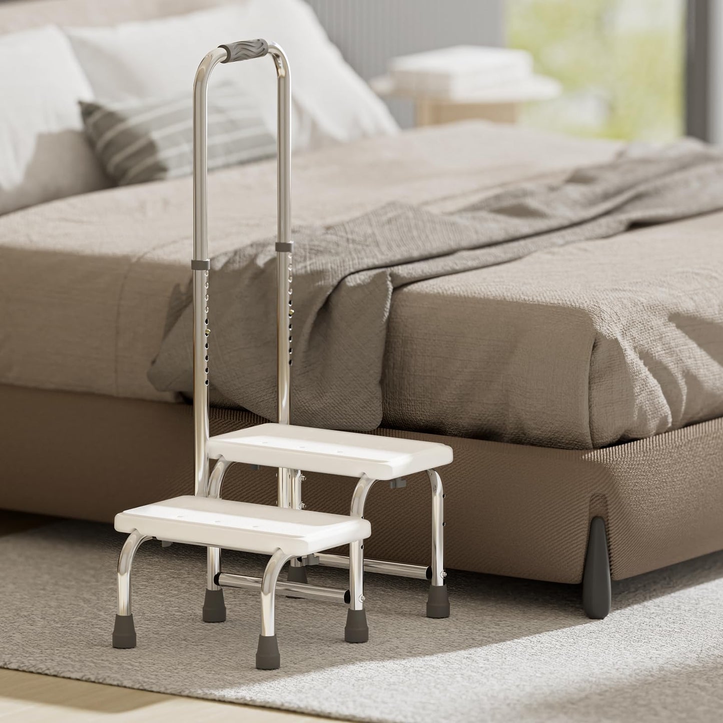 SPECILITE 2 Step Stool with Handle, Heavy Duty Foot Stool with 10 Height-Adjustable Handrail, Non-Slip Platform and 4 Buckles for Bed, RV, Kitchen, Bathtub, 360lbs Standing aids for Elderly, Adult