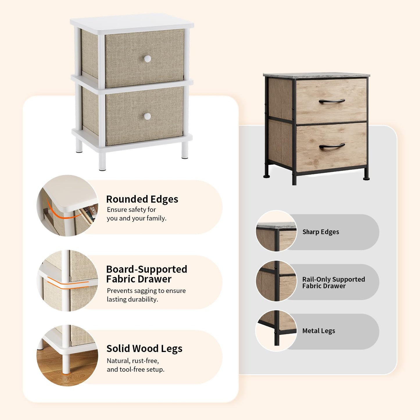Apicizon Nightstand with 2 Storage Drawers, Boho Side Table with Solid Wood Legs, End Table for Small Spaces, Bedroom, Living Room, Entryway, White