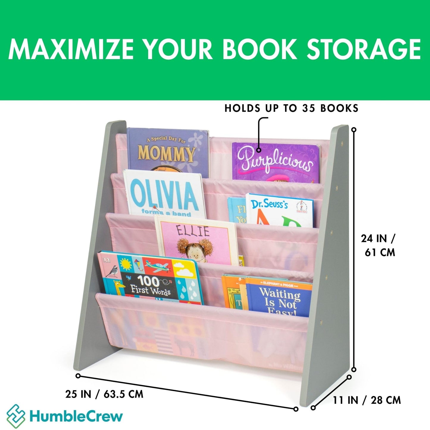 Humble Crew Kids Bookshelf, 4-Tier Front-Facing Book Display Organizer, Montessori Toddler Bookcase for Playroom, Bedroom & Reading Corner, Grey Wood/Pink