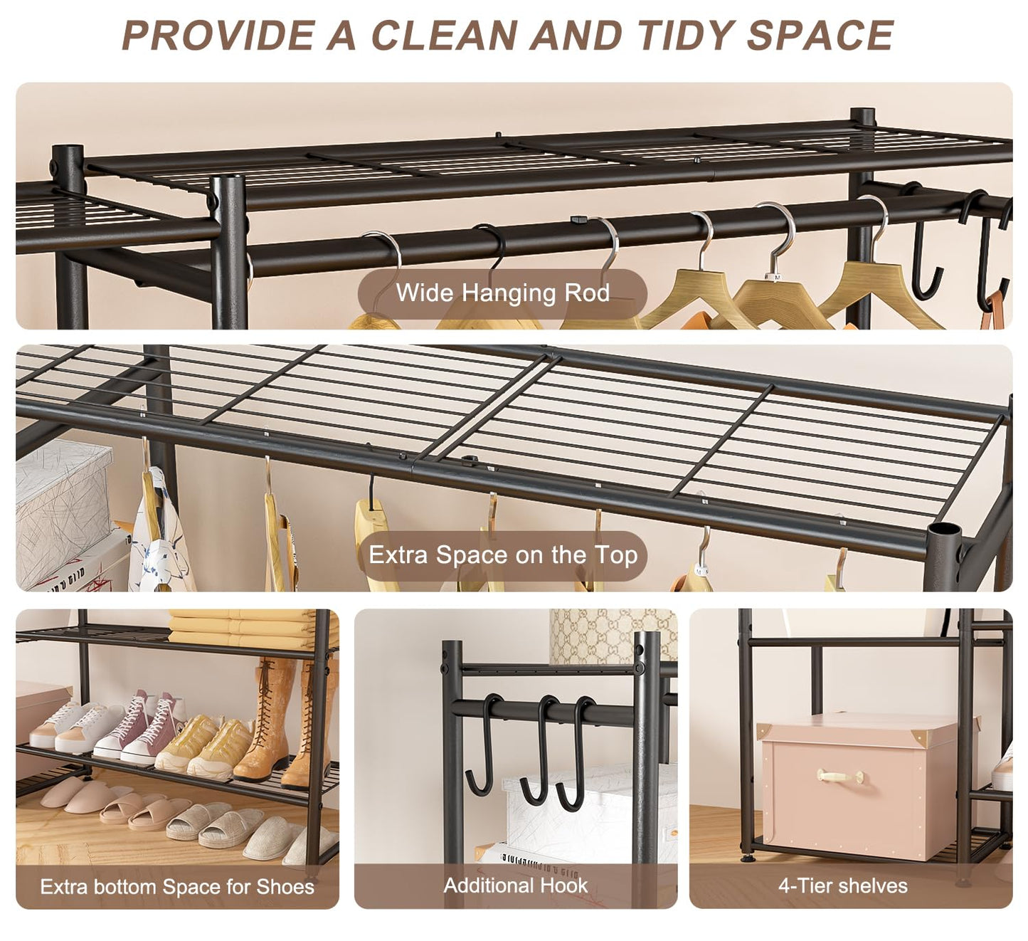 Neprock Wardrobe Closet, Portable Clothing Rack for Hanging Clothes, Free Standing Closet Organizers and Storage System with 4 Tiers Shelves for Cloakroom Bedroom,Black