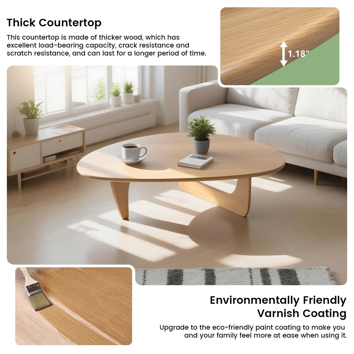 Modern Triangle Coffee Table: Unique Funky Soild Wood Coffee Tables for Living Room, Wooden Oval Mid-Century Modern Abstract Tea Tables for Patio Office Balcony Natural 43" L x 31" W x 16" H