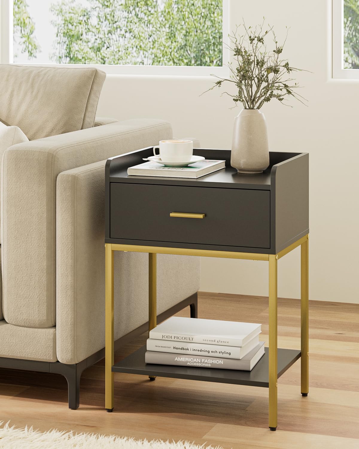 Apetaccat Nightstand,3-Tier Modern Night Stand,Bedside Table with Storage Drawer and Shelf,Small Side Table for Bedroom,Living Room,Black