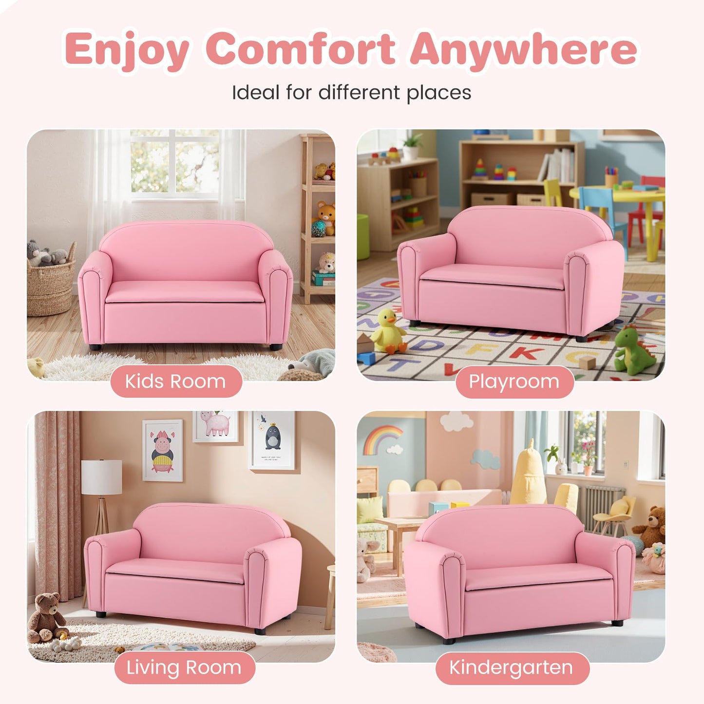 Costzon Kids Couch, 2 in 1 Double Seat Children's Sofa w/Under Seat Storage, PU Leather Surface, Toddler Armrest Chair, Kids Room, Soft Children Pink Sofa with Storage for Preschool Baby Girls Gifts