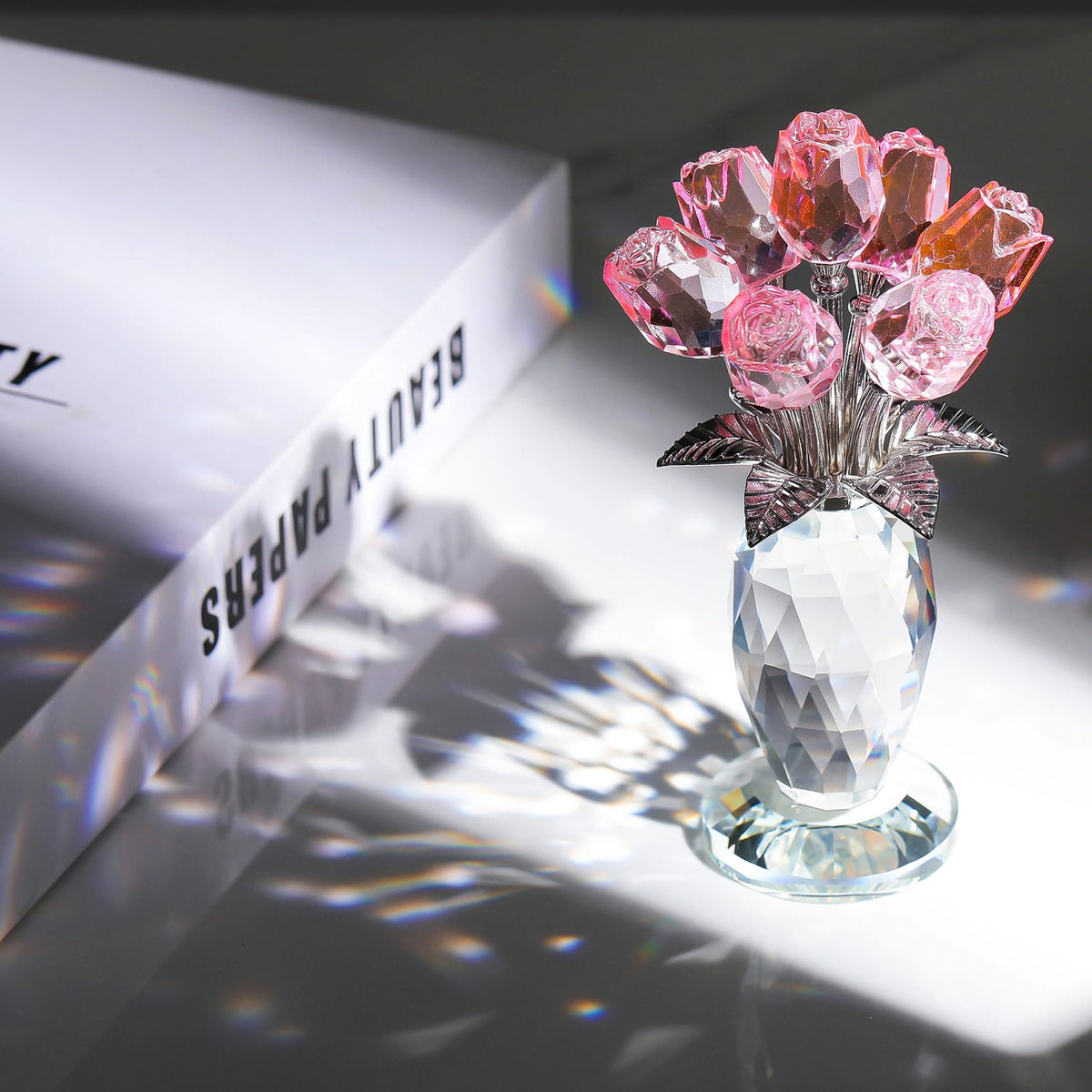 Movdyka Glass Rose Flower Pink Bouquet Crystal Figurines Home Decor