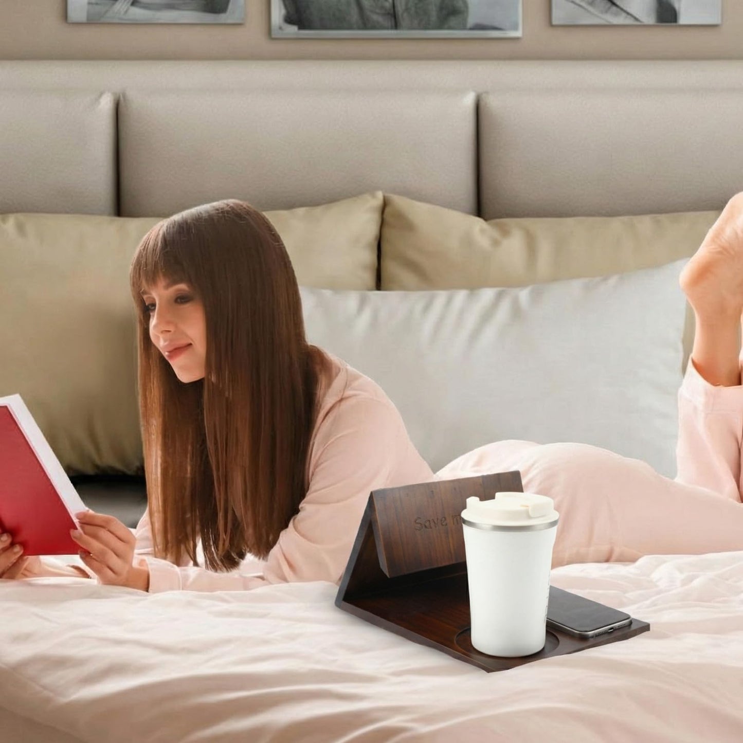 Triangle Book Holder Triangle Wooden Bookholder with Cup Stand Phone Glasses Holder Reading Valet Bookholder for Bedroom, Nightstand or Office Desk, Back to School Gift for Teacher, Book Lover