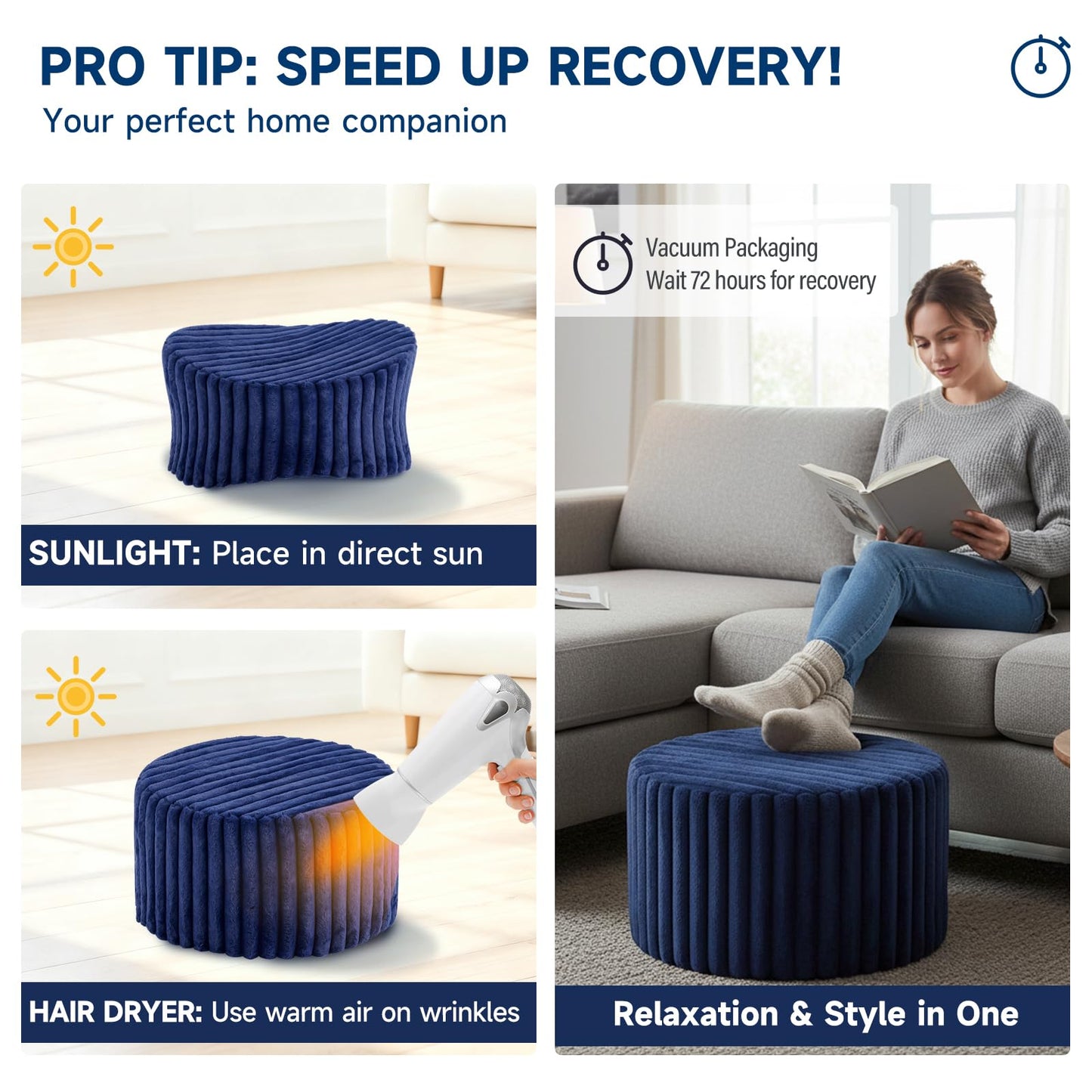 Tiita Round Stuffed Pouf Ottoman, Stripe Faux Fur Poufs with Foam Chunk Filling, Furry and Fluffy Pouf 21×21×12 inch Foot Stool Storage Ottoman,Puff Office Foot Rest for Couch Living Room, Navy Blue