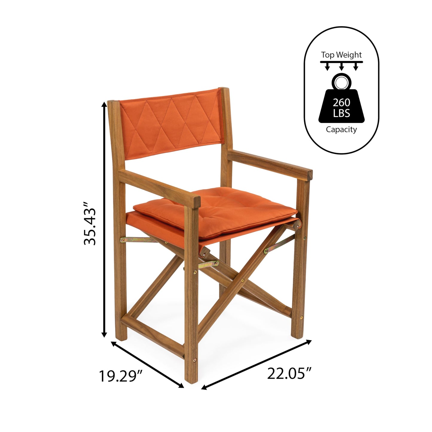 JONATHAN Y Waldo Acacia Wood Outdoor Director Chair Set of 2 for Patio & Balcony, Foldable Coastal Armchair with Orange Diamond-Quilted Cushions, Teak Brown DRC1002B-SET2