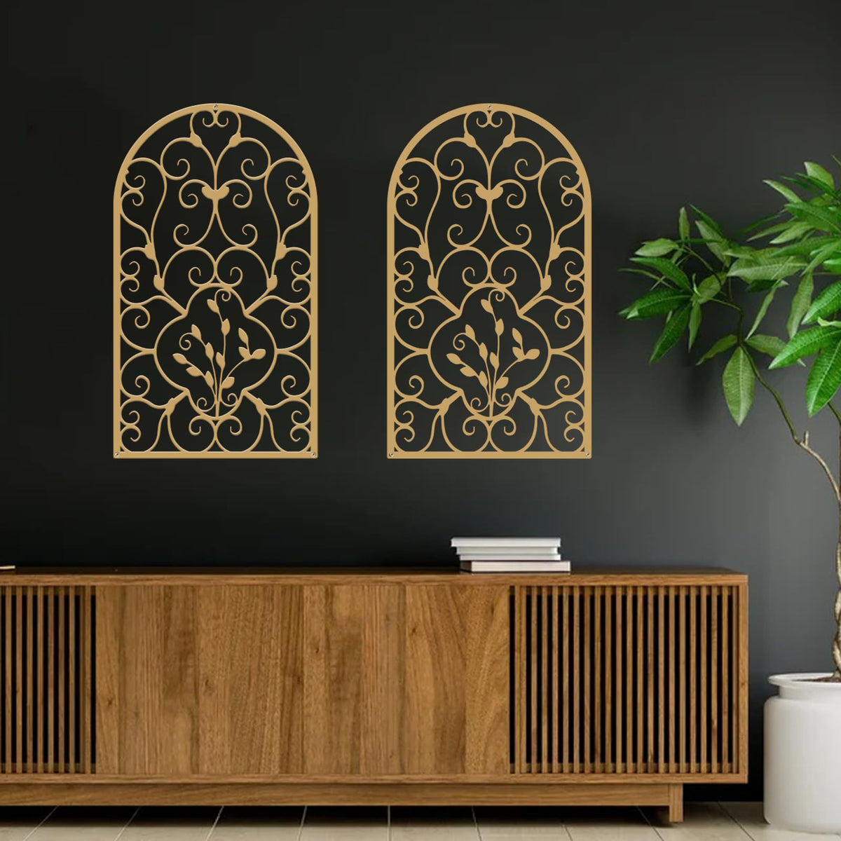 Resama 2 Pcs Scroll Home Wall Decor, Rustic Metal Wall Decor Arch Design Modern Farmhouse Wall Sculptures Hanging for Living Room Bedroom Hallway Kitchen (Gold, 15.7" X 9")