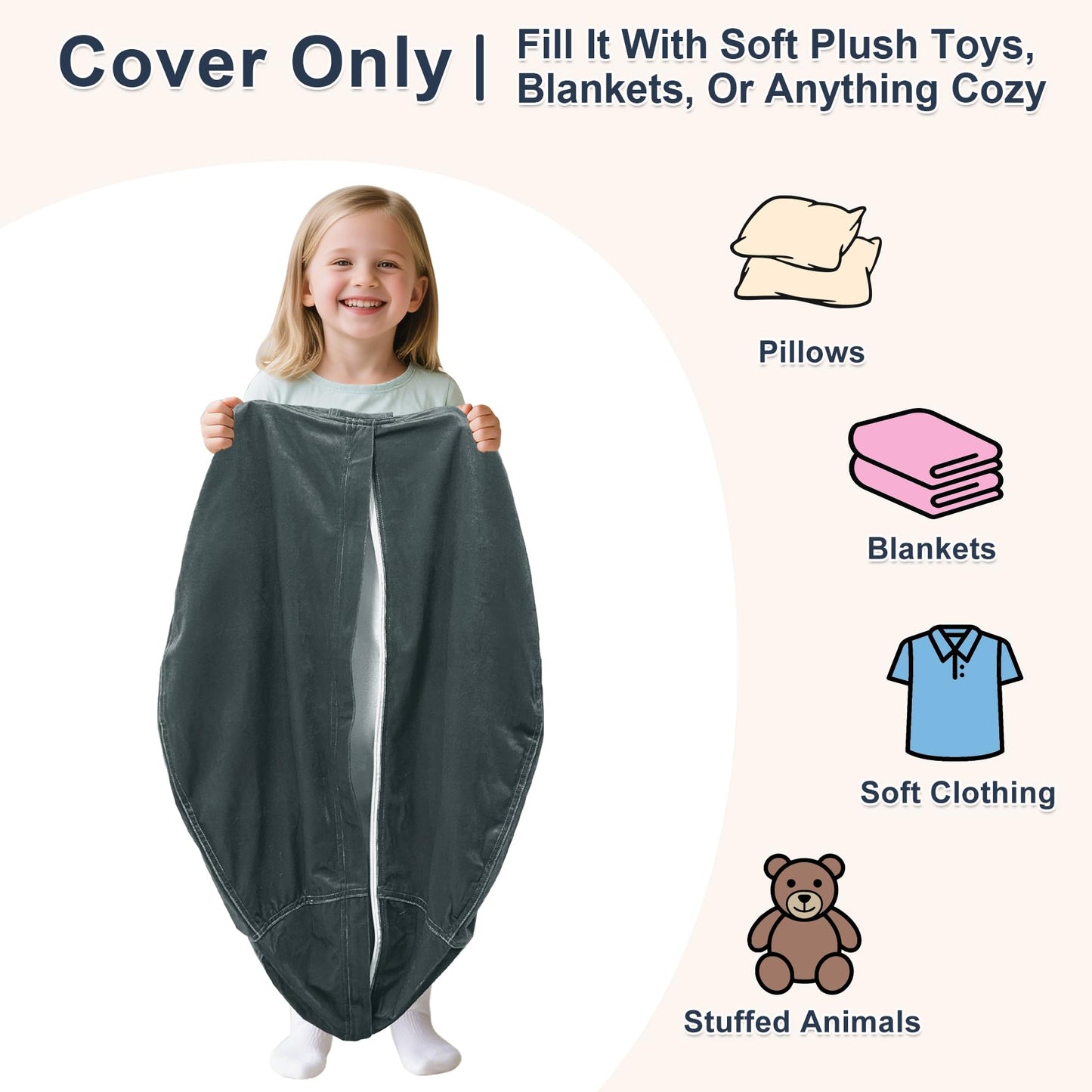 Lukeight Stuffed Animals Storage Bean Bag Chair Cover for Kids and Toddlers, Cozy Velvet Plush Toy Organizer Seat, Cover Only, No Filling Included, Long YKK Zipper, Side Pocket, Large 27 x 16 in
