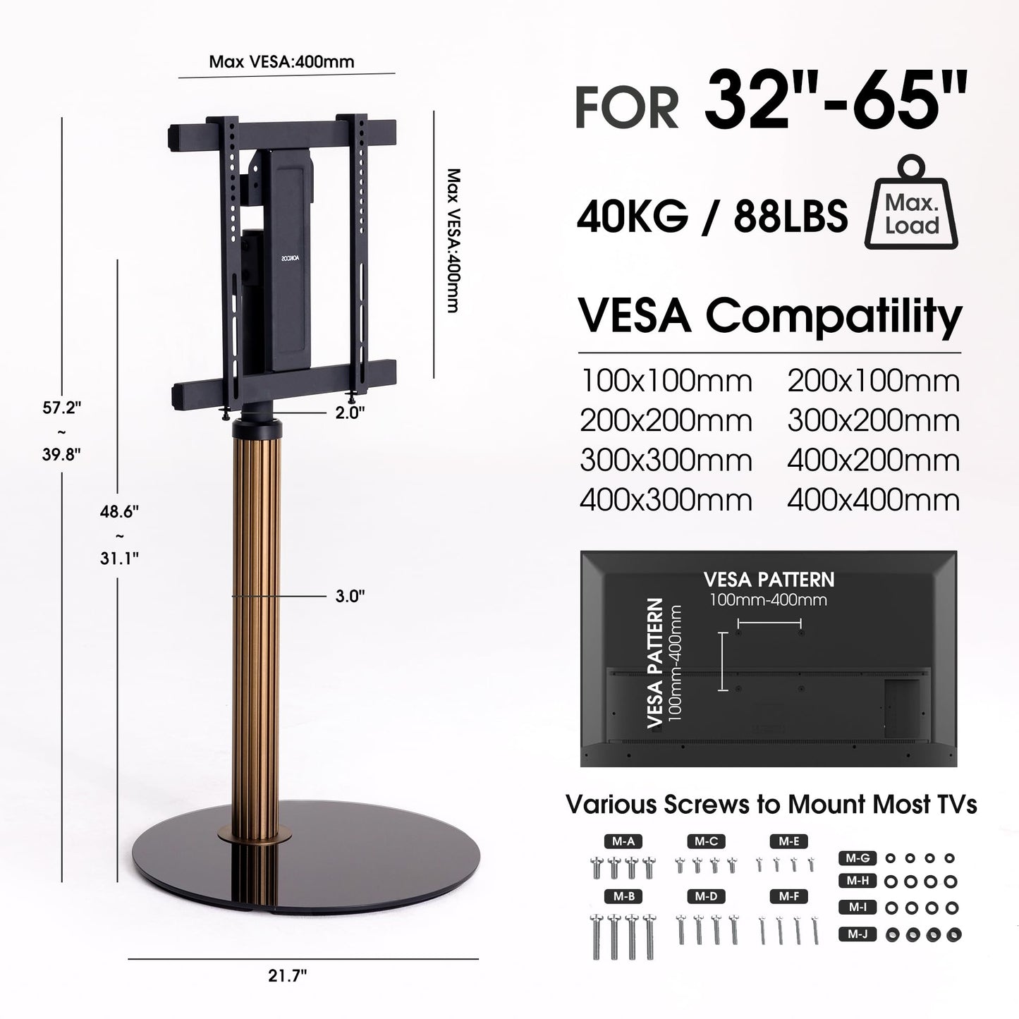 AOKCOS Aluminum Grille Floor TV Stand for 32-65 inch TVs up to 88lbs, Swivel and Tilt TV Mount with Glass Base, Height Adjustable TV Stand for Living Room Bedroom