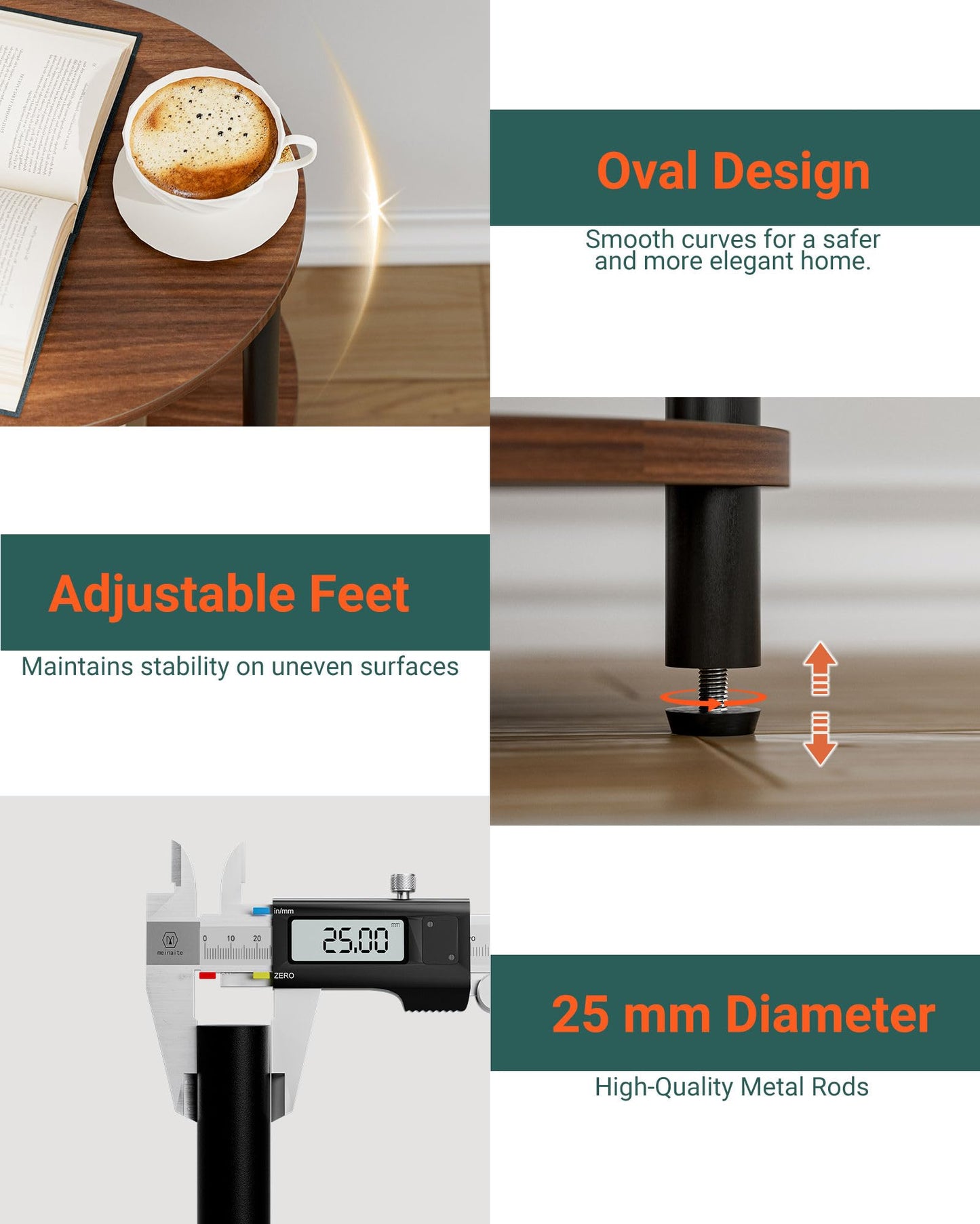 RISWER Small Round Side Table - 3-Tier Oval Accent Table for Small Spaces, Rustic Wood and Metal Nightstand for Living Room or Bedroom, with Built-in USB Ports and Power Outlet, Rustic Walnut