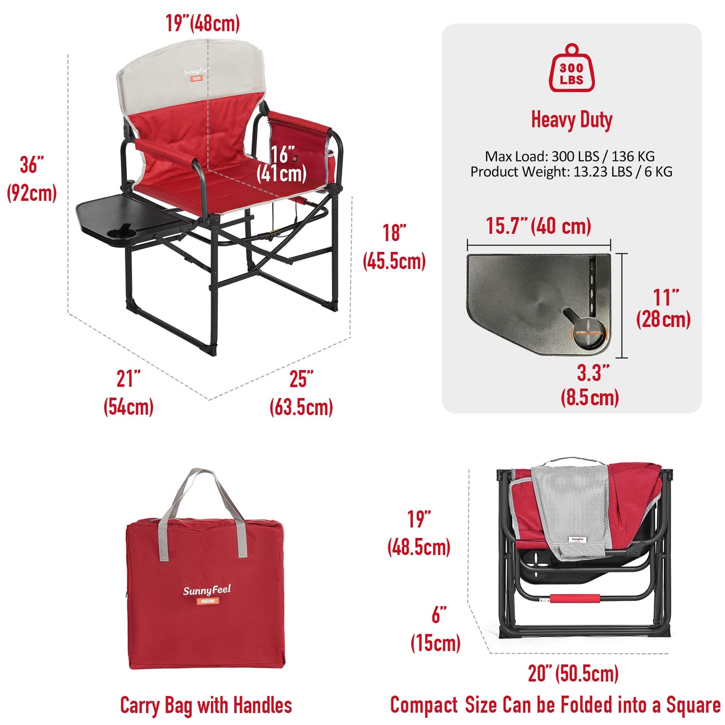 SUNNYFEEL Heated Camping Directors Chair, Heavy Duty,Oversized Outdoor Portable Heating Folding Chair with Side Table, Pocket for Beach, Fishing,Trip,Picnic,Lawn,Concert Foldable Camp Chairs